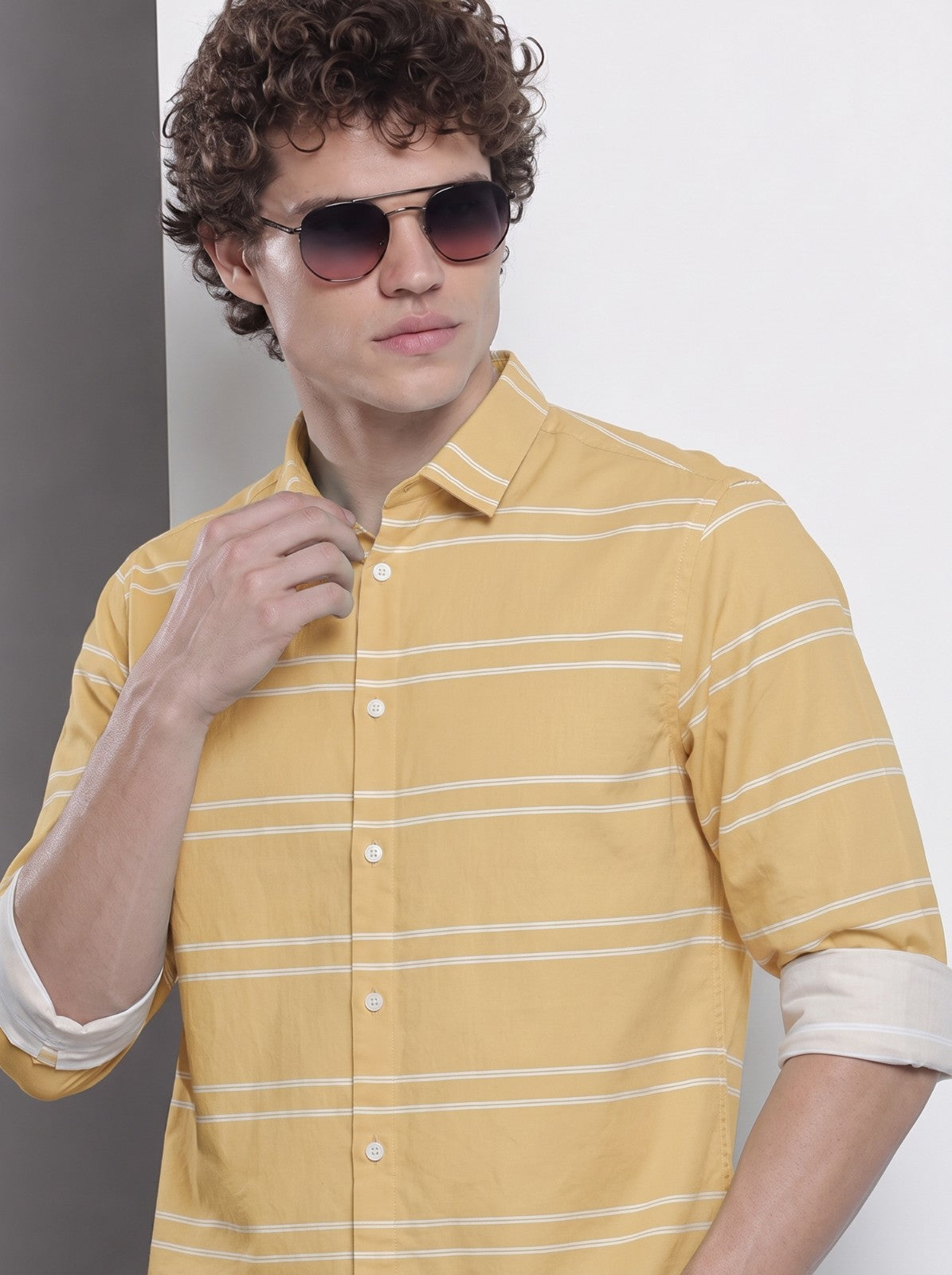 Men's Yellow Horizontal Striped Cotton Blend Casual Shirt