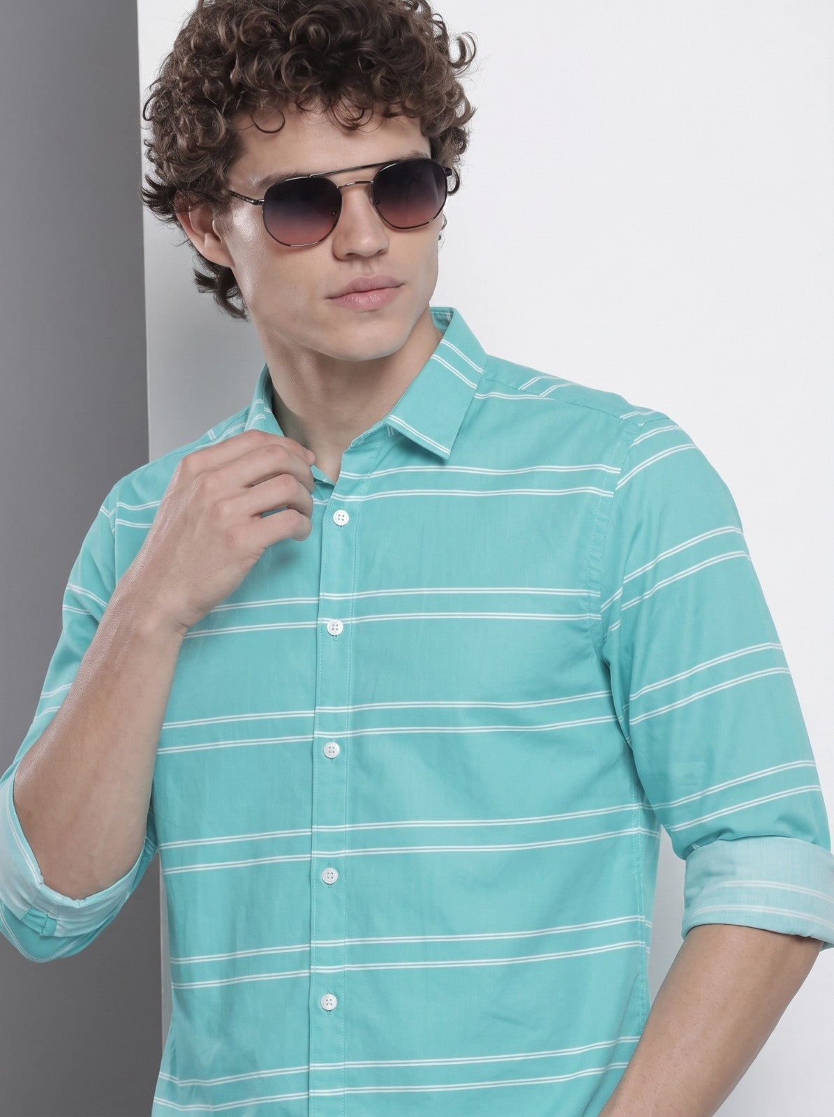 Men's Sea Green Horizontal Striped Cotton Blend Casual Shirt