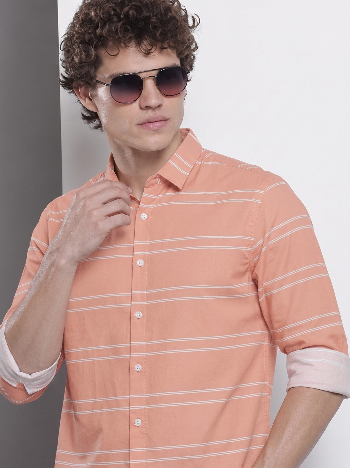Men's Orange Horizontal Striped Cotton Blend Casual Shirt