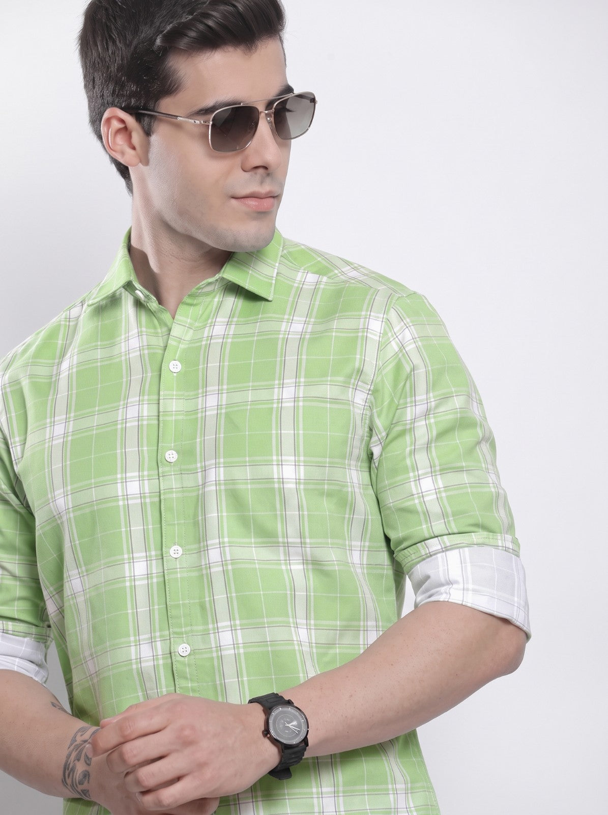 Men's Green Classic Checkered Cotton Blend Casual Shirt