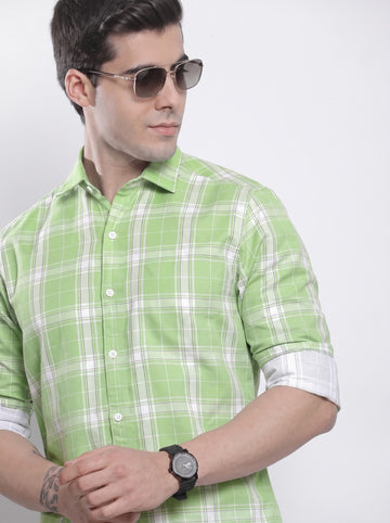 Men's Green Classic Checkered Cotton Blend Casual Shirt