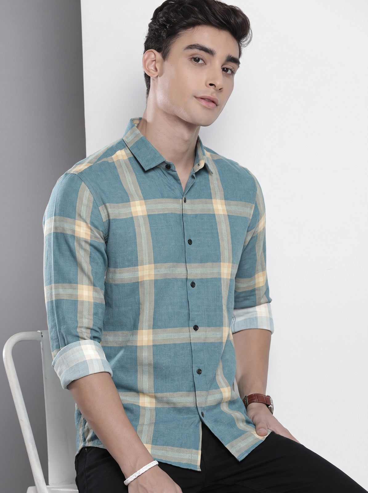 Men's Teal Blue Checked Cotton Blend Casual Shirt