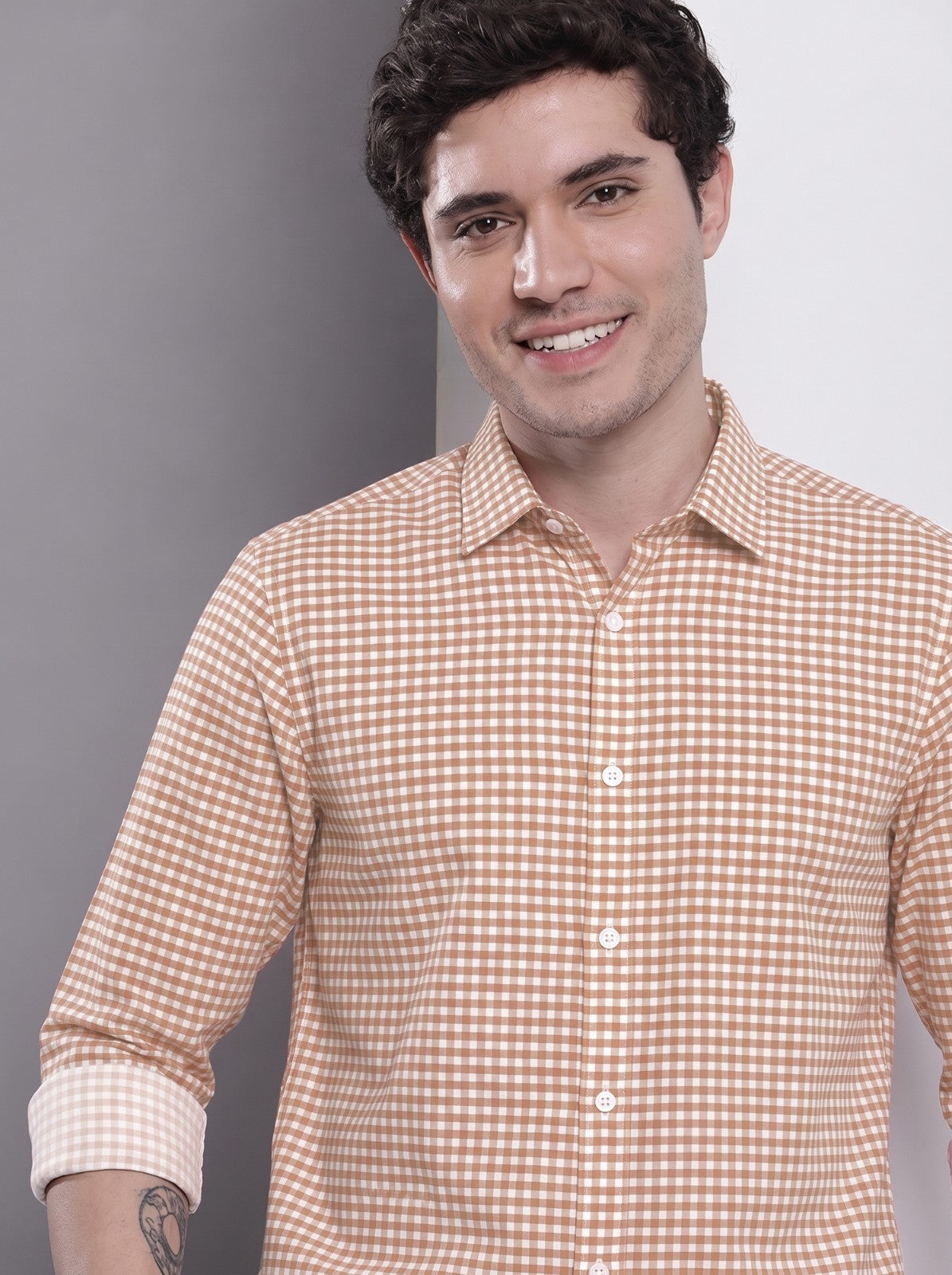 Men's Brown Mini Gingham Checked Cotton Blend Casual Shirt