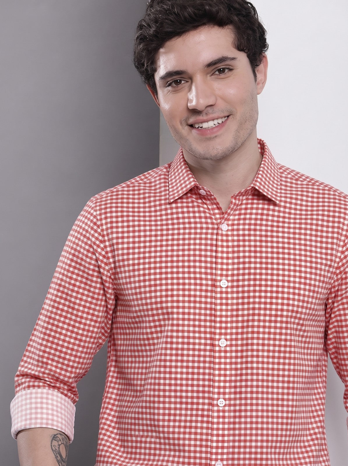 Men's Red Mini Gingham Checked Cotton Blend Casual Shirt