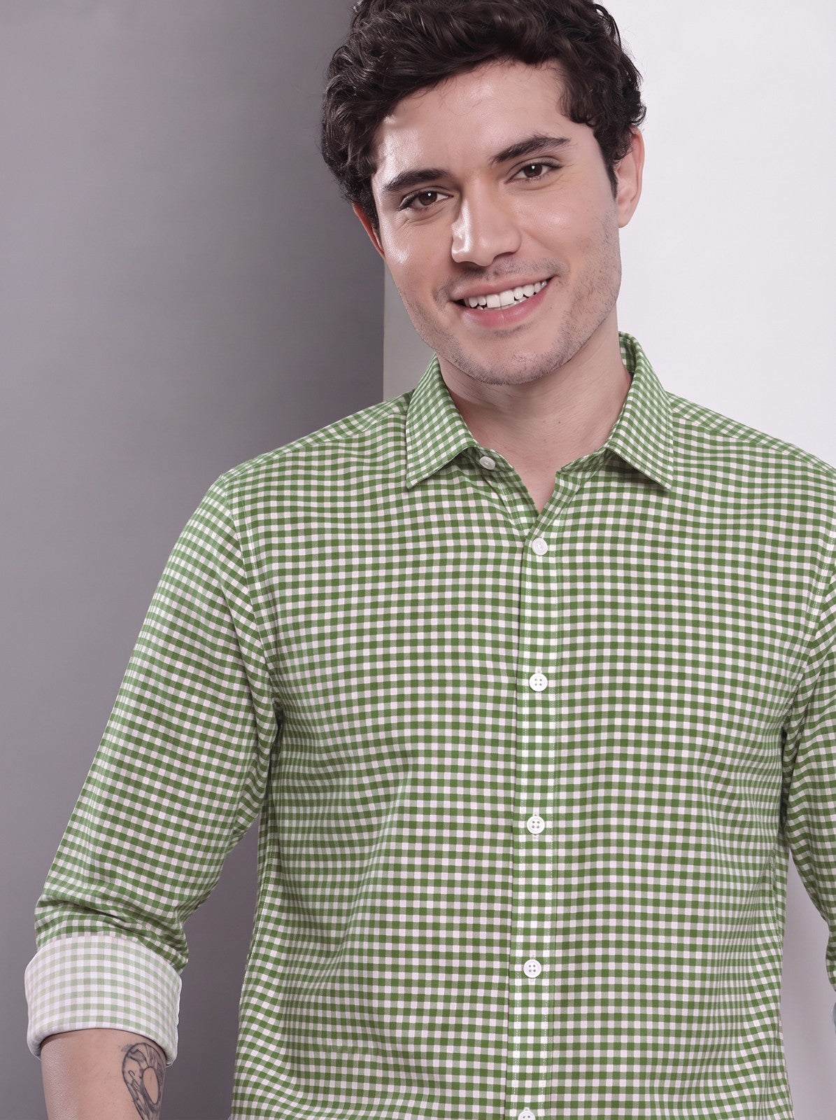 Men's Green Mini Gingham Checked Cotton Blend Casual Shirt