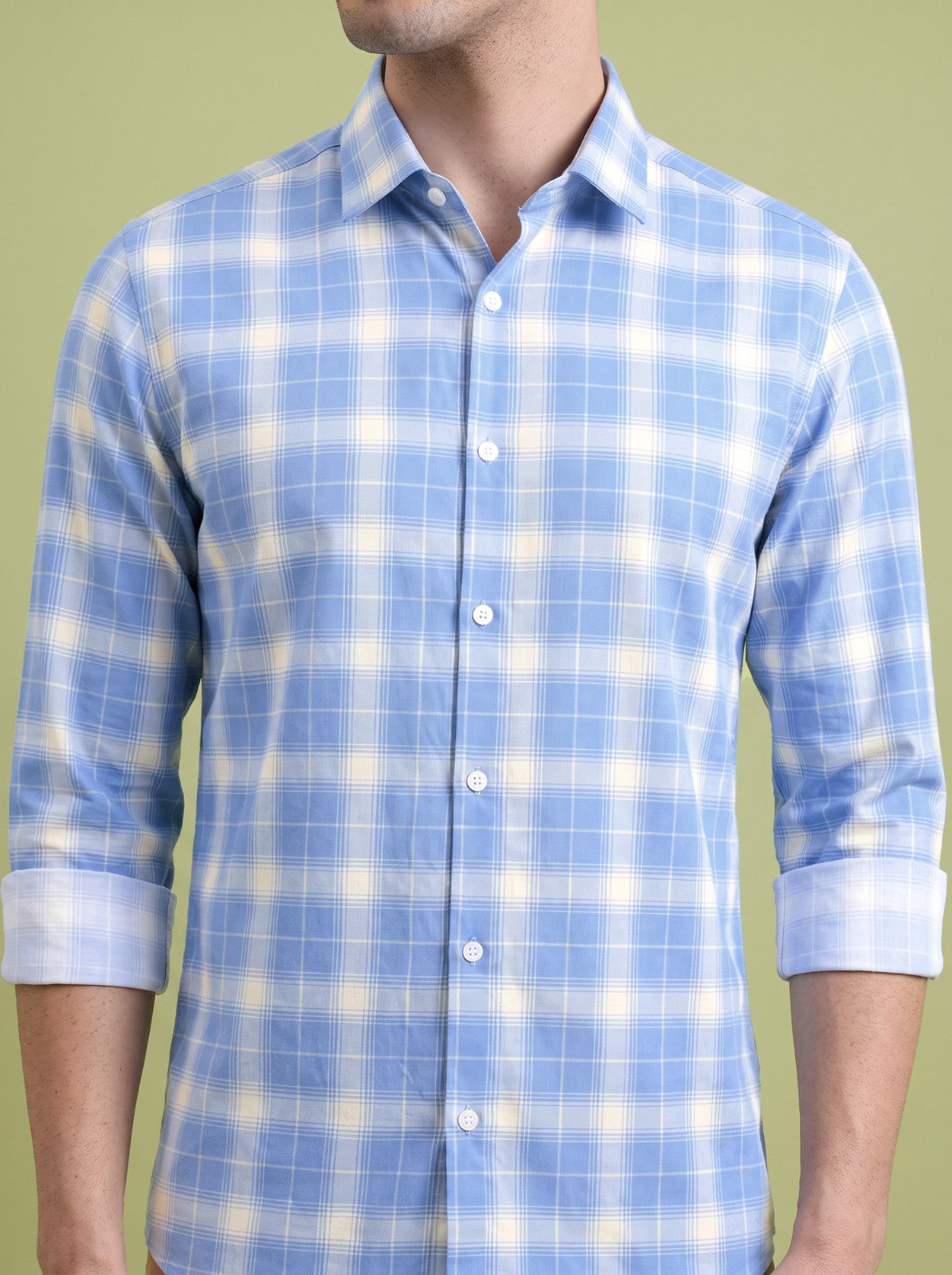 Men's Classic Blue Checked Cotton Blend Casual Shirt