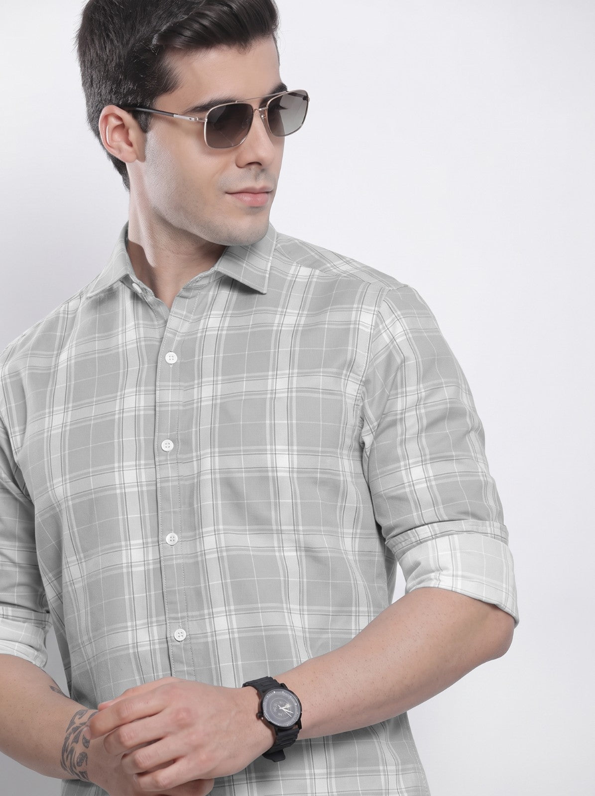 Men's Grey Classic Checkered Cotton Blend Casual Shirt