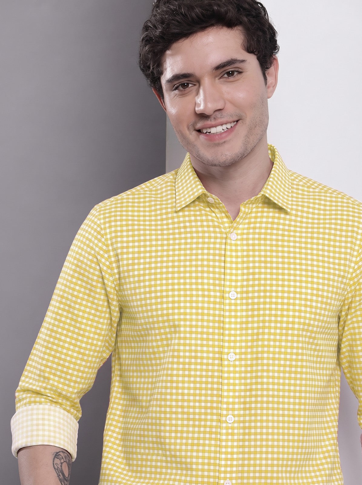Men's Yellow Mini Gingham Checked Cotton Blend Casual Shirt