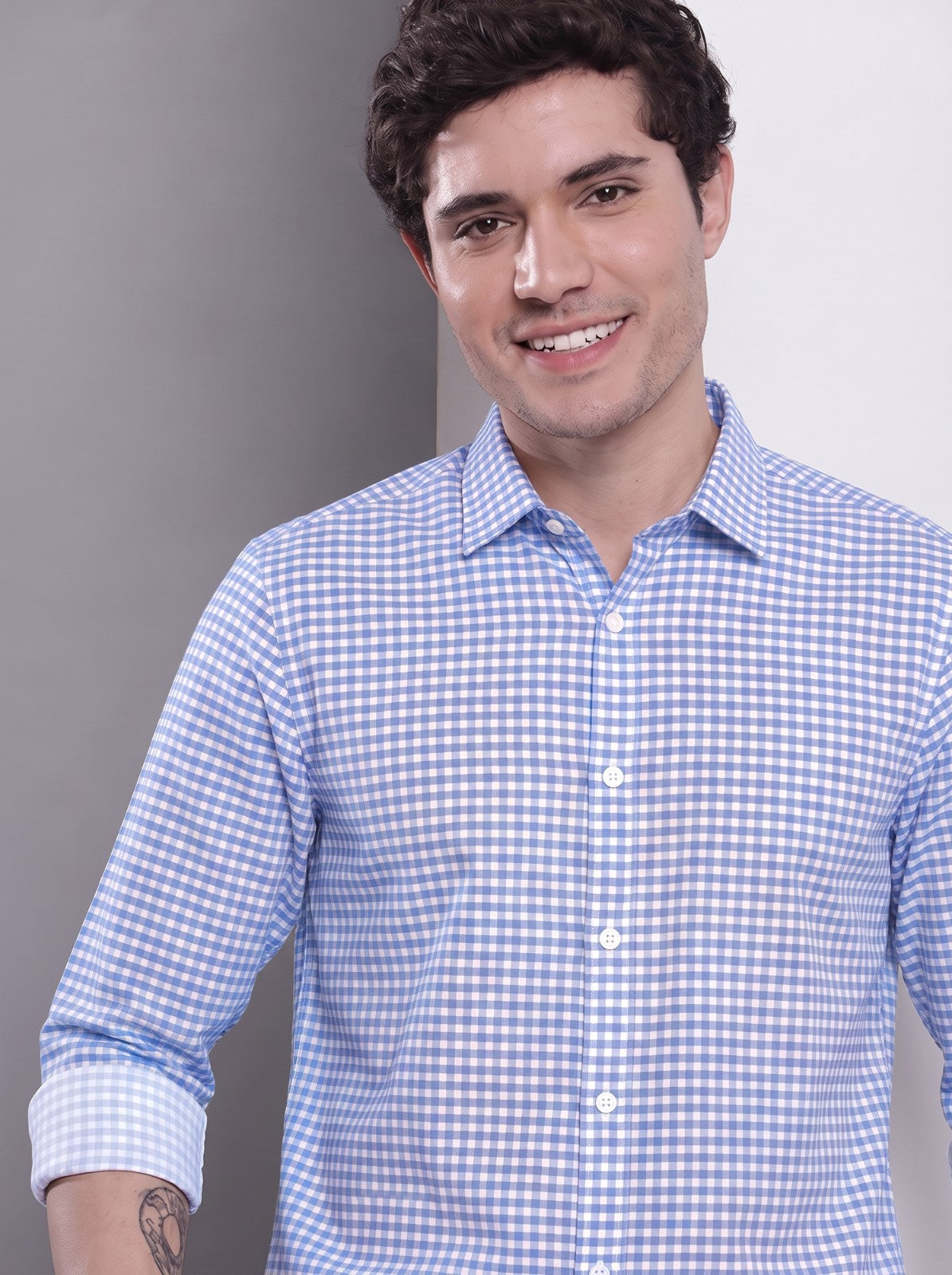 Men's Blue Mini Gingham Checked Cotton Blend Casual Shirt