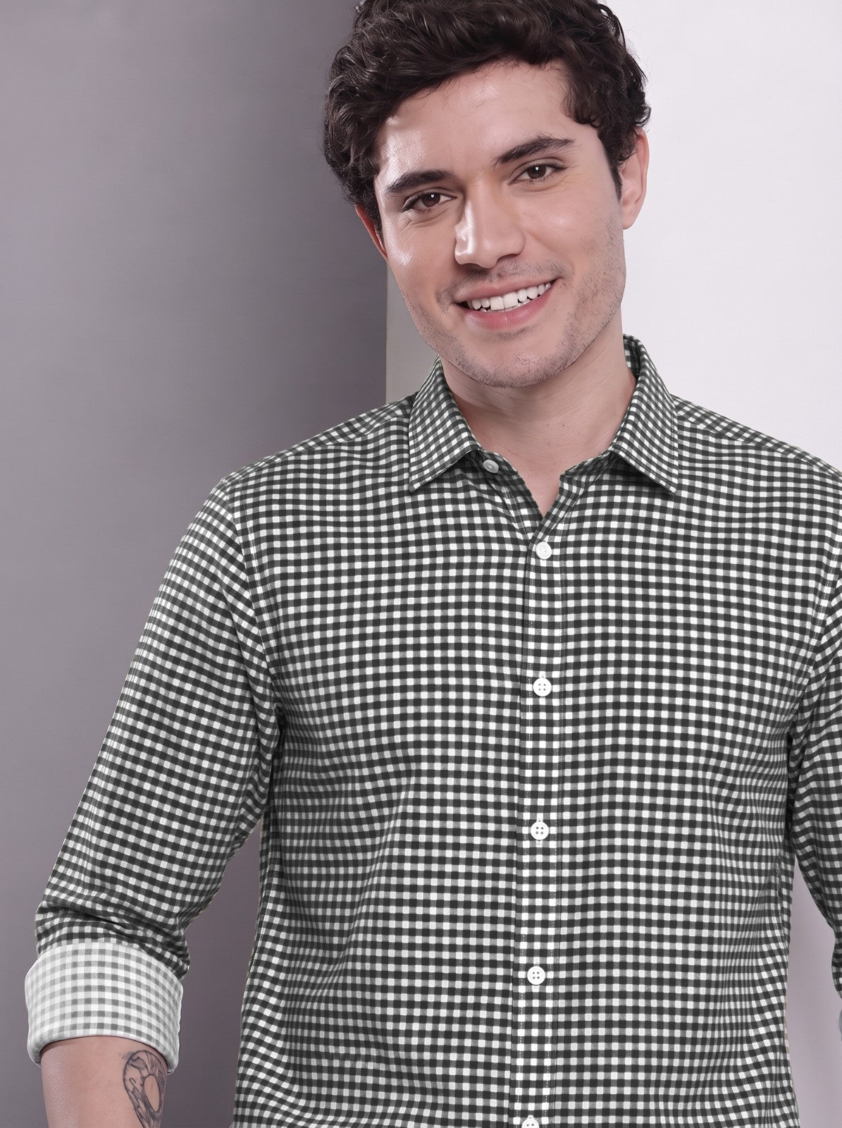 Men's Black Mini Gingham Checked Cotton Blend Casual Shirt