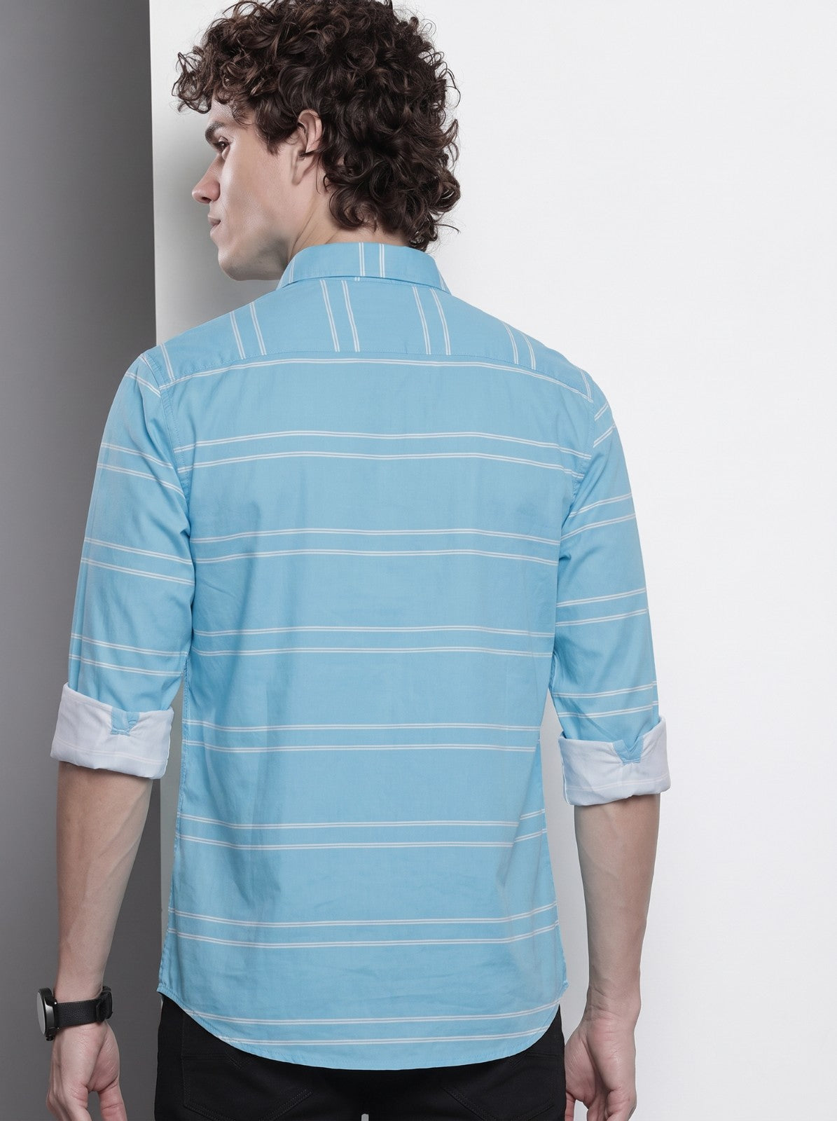 Men's Sky Blue Horizontal Striped Cotton Blend Casual Shirt