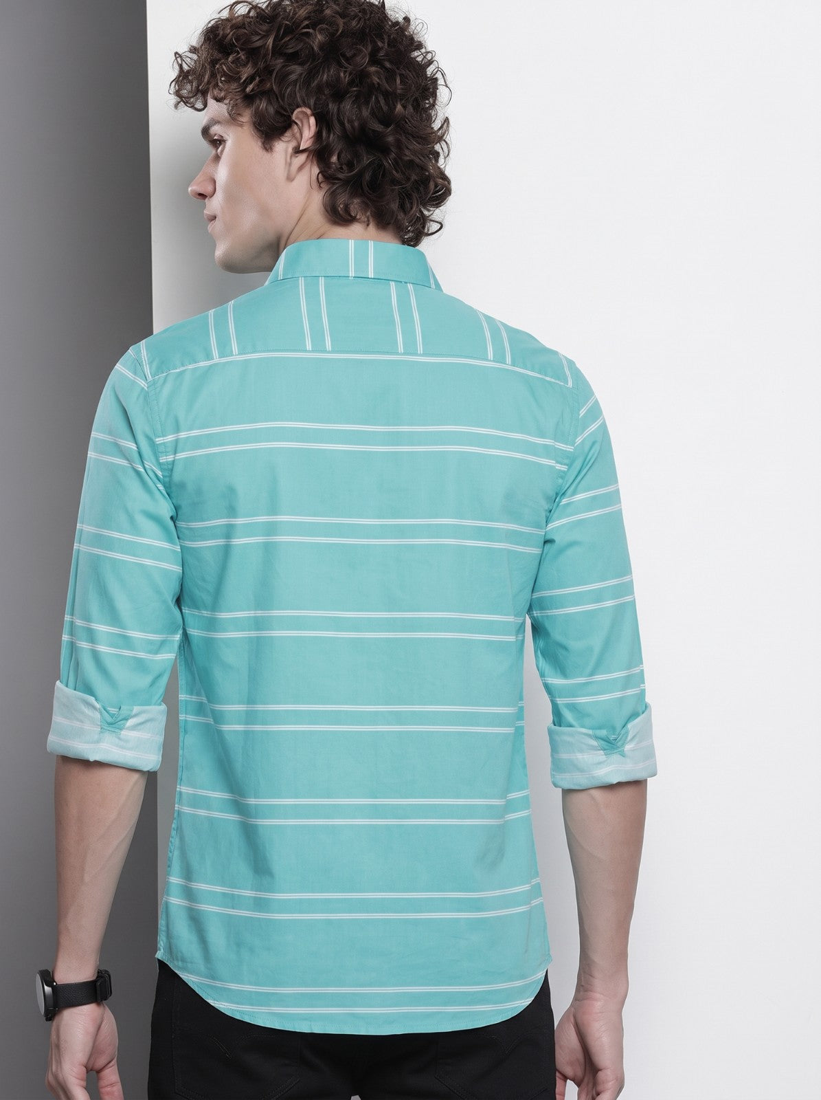 Men's Sea Green Horizontal Striped Cotton Blend Casual Shirt