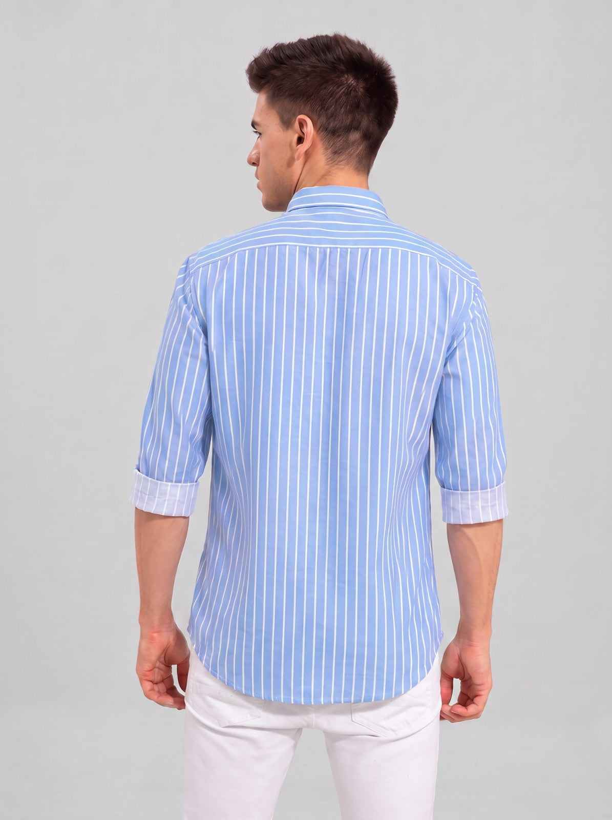 Men's Sky Blue Classic Pinstripe Cotton Blend Casual Shirt