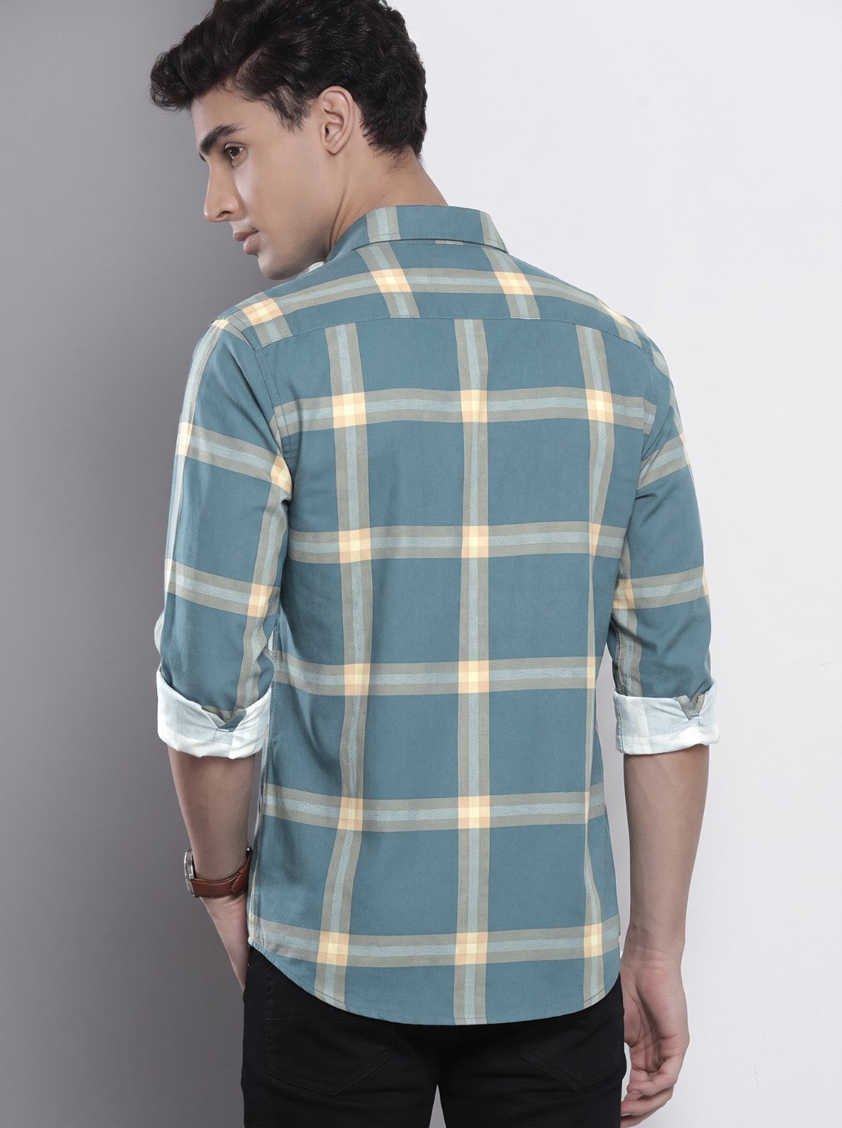 Men's Teal Blue Checked Cotton Blend Casual Shirt