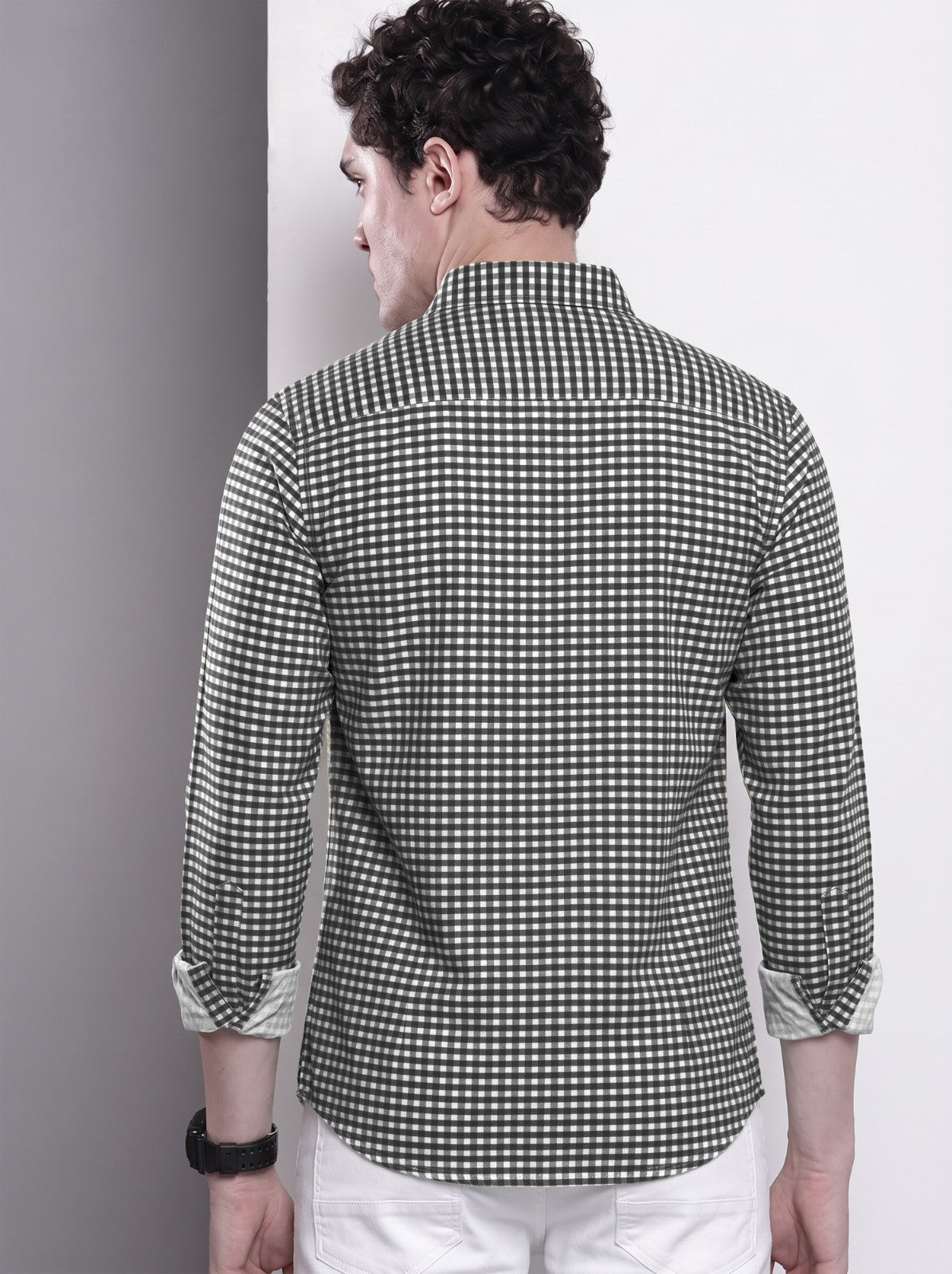 Men's Black Mini Gingham Checked Cotton Blend Casual Shirt