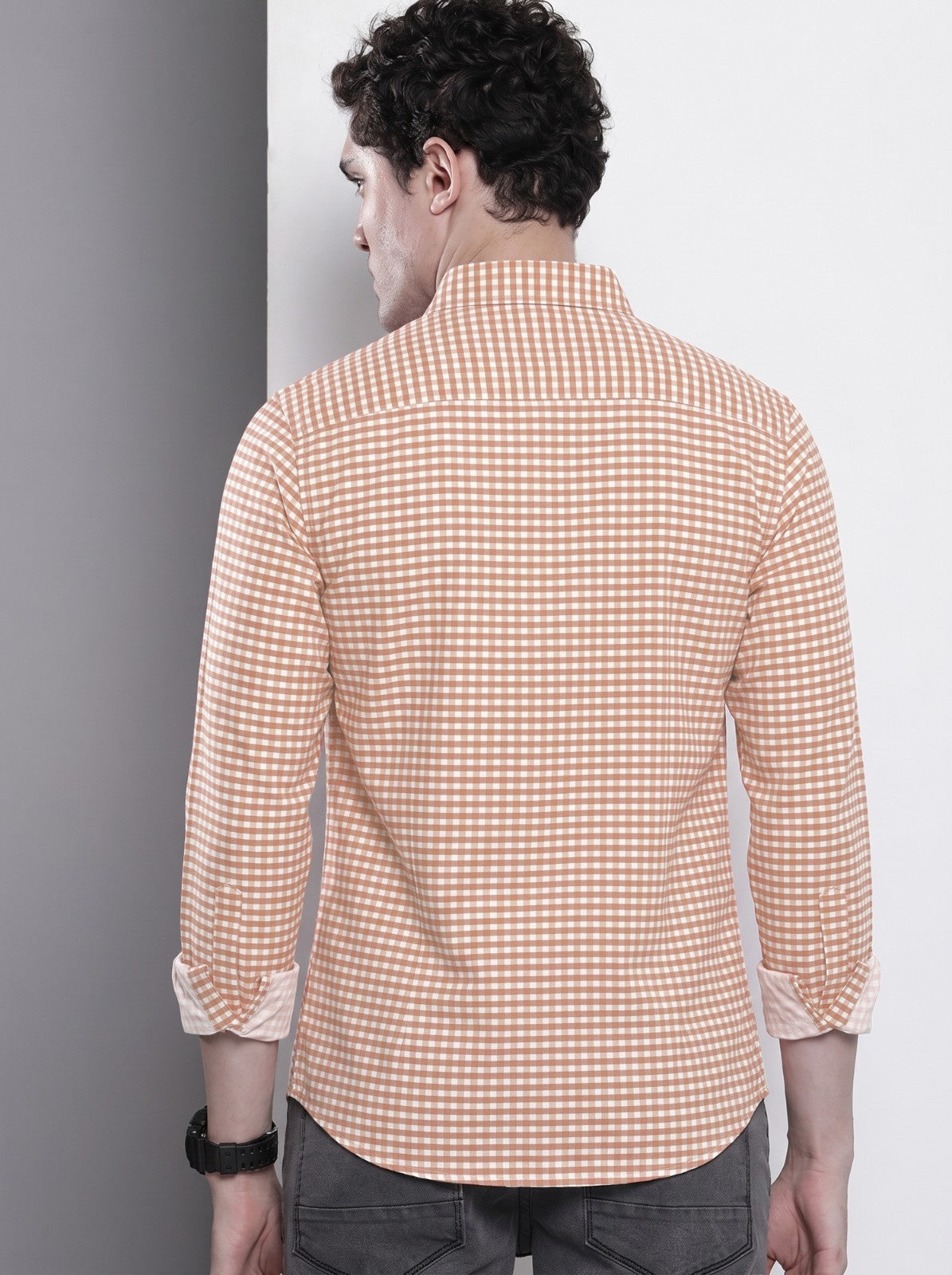 Men's Brown Mini Gingham Checked Cotton Blend Casual Shirt