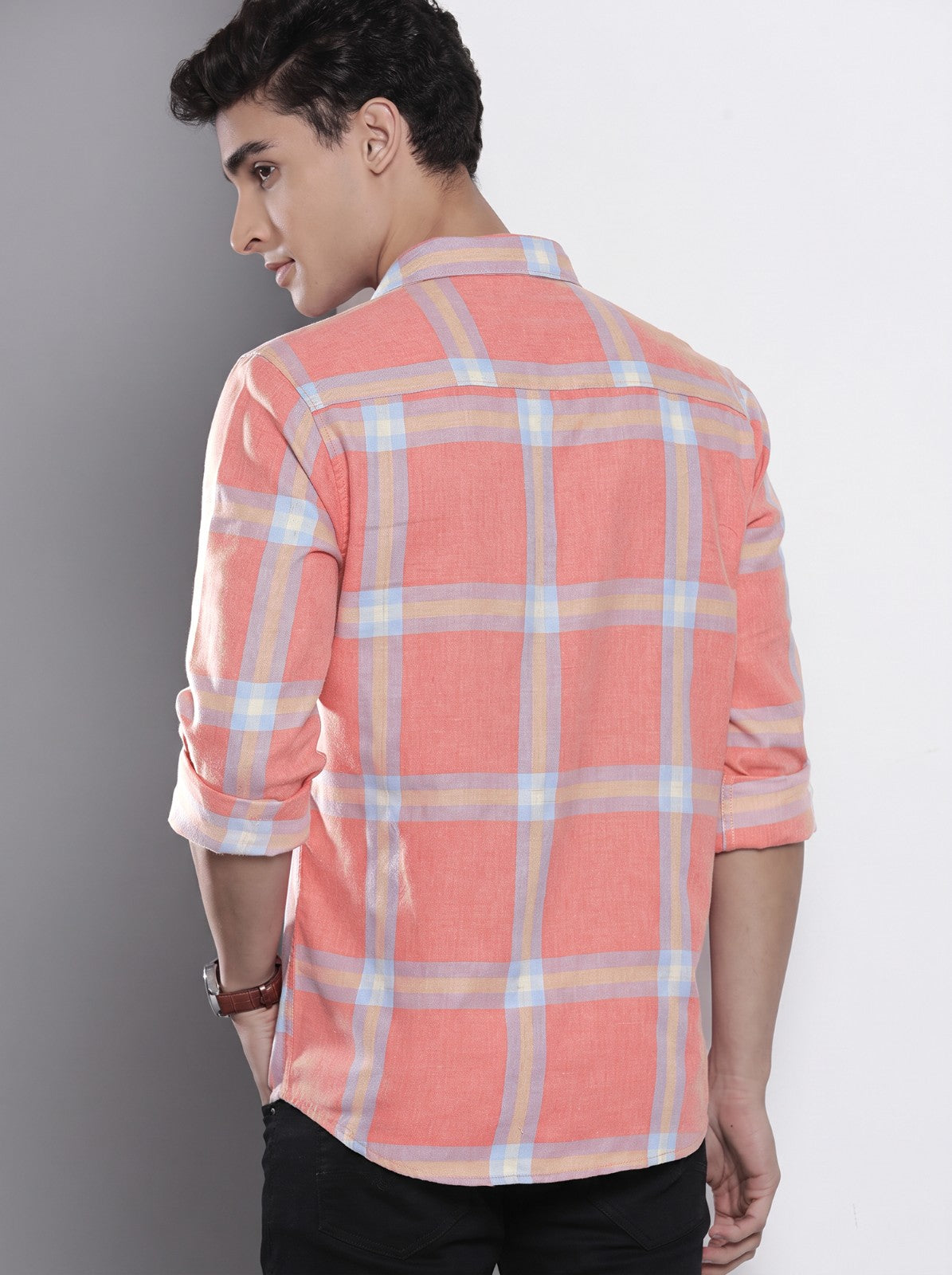 Men's Coral Pink Checked Cotton Blend Casual Shirt