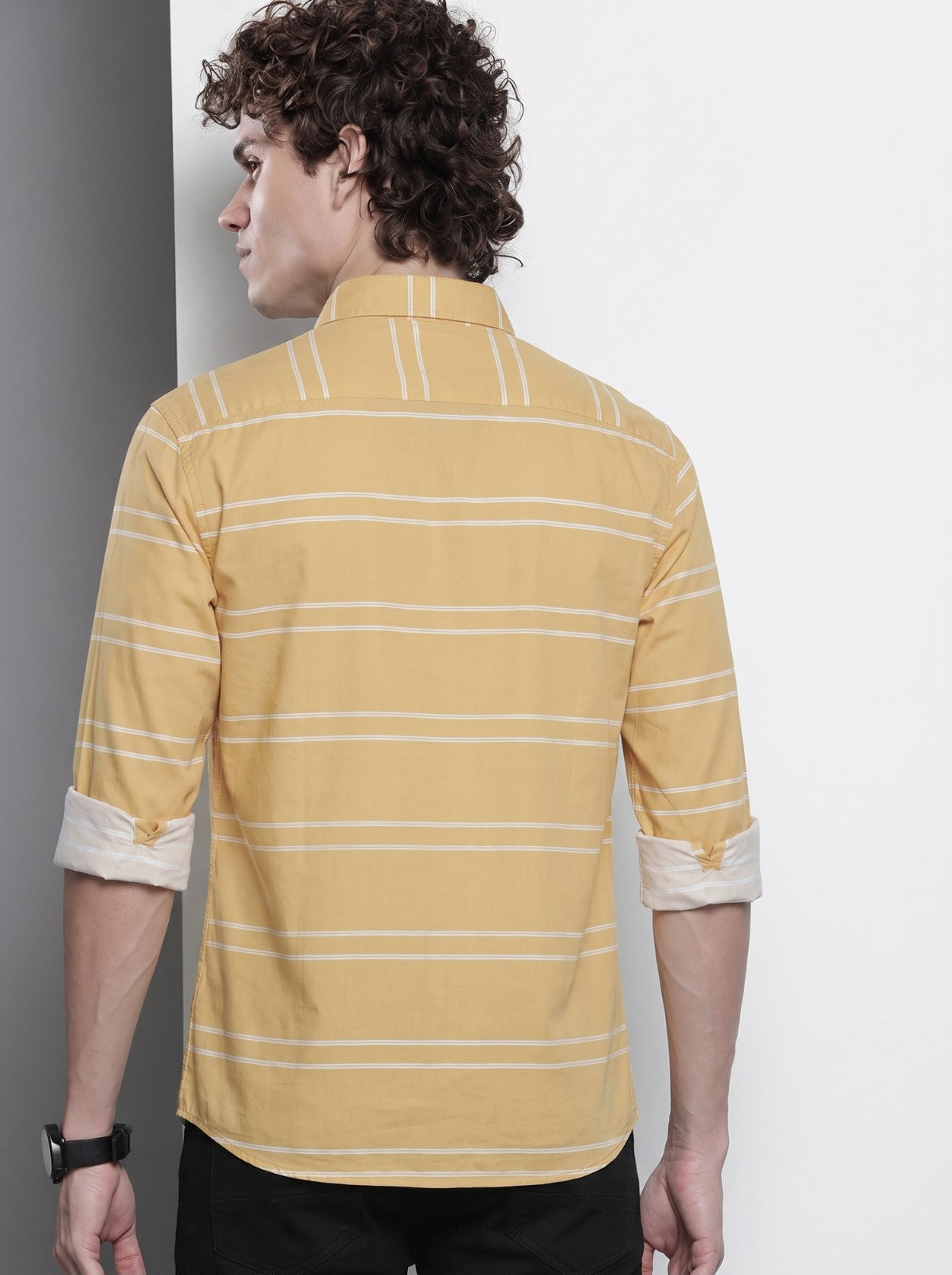 Men's Yellow Horizontal Striped Cotton Blend Casual Shirt