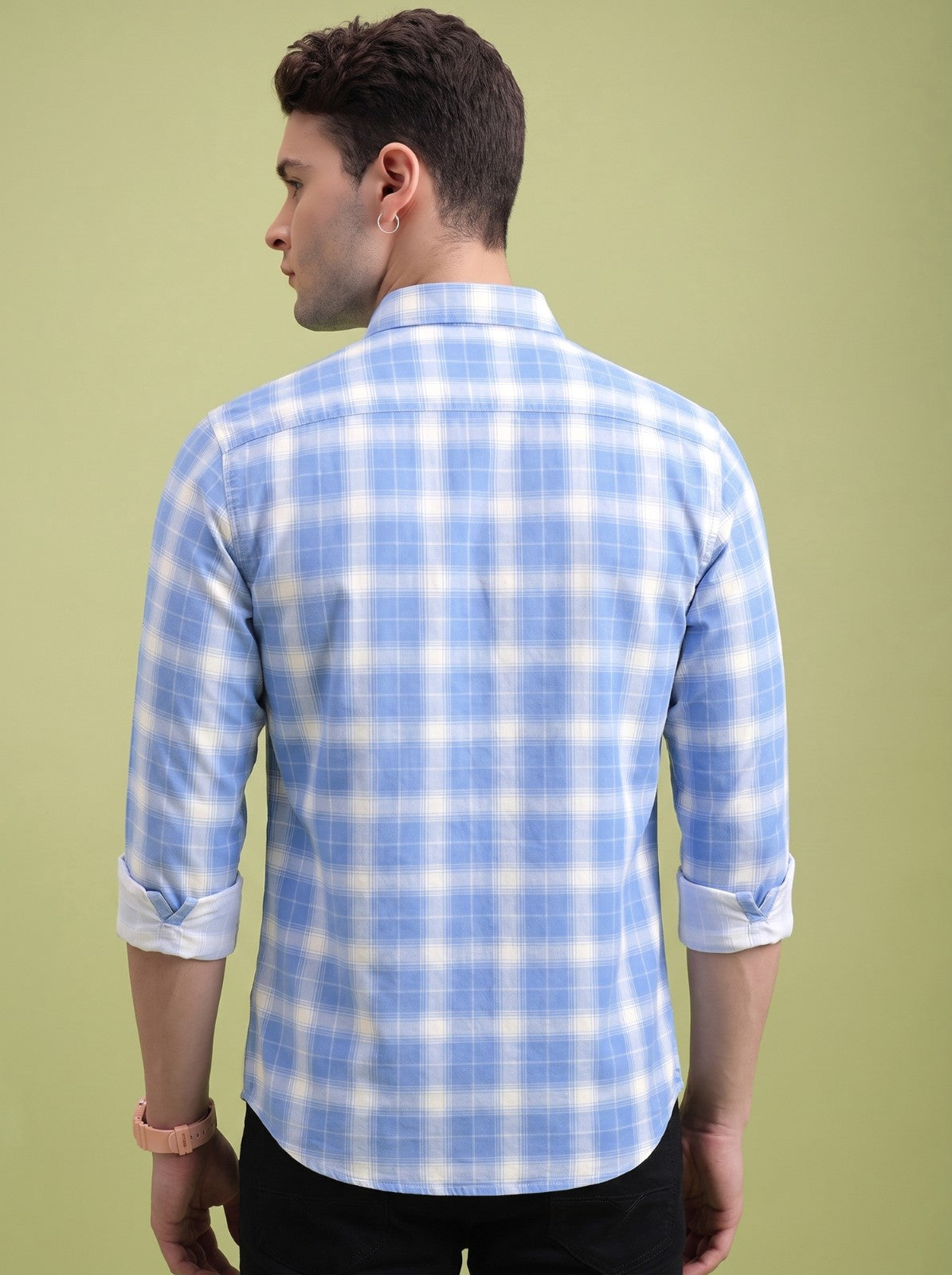 Men's Classic Blue Checked Cotton Blend Casual Shirt