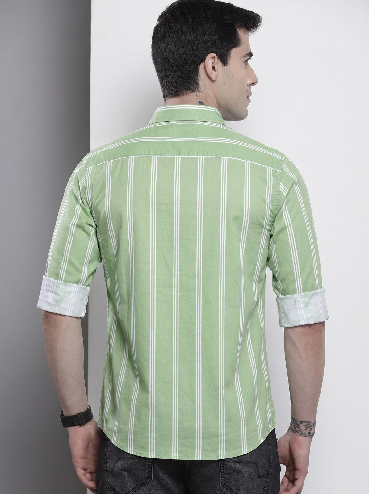 Men's Green Vertical Striped Cotton Blend Casual Shirt
