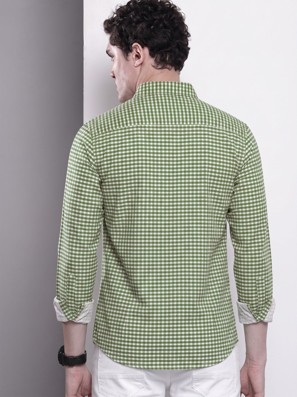 Men's Green Mini Gingham Checked Cotton Blend Casual Shirt