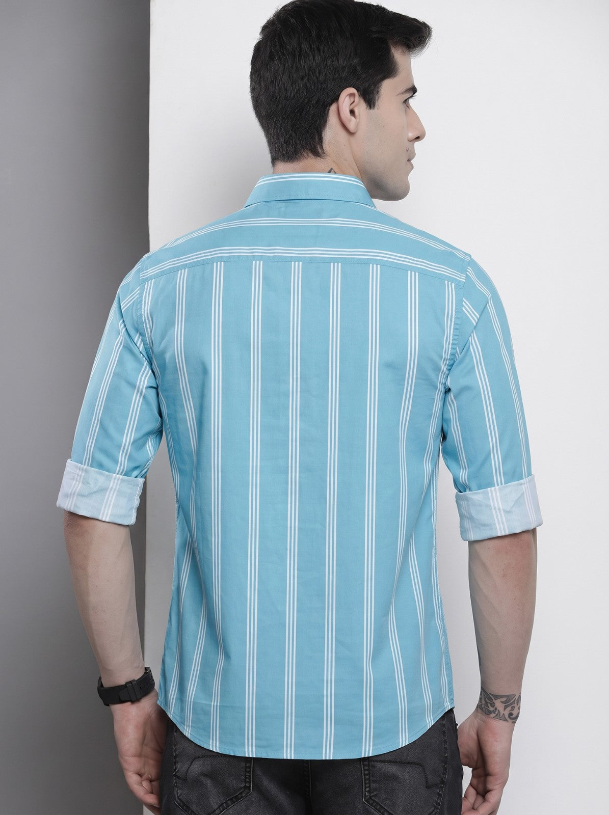 Men's Aqua Vertical Striped Cotton Blend Casual Shirt