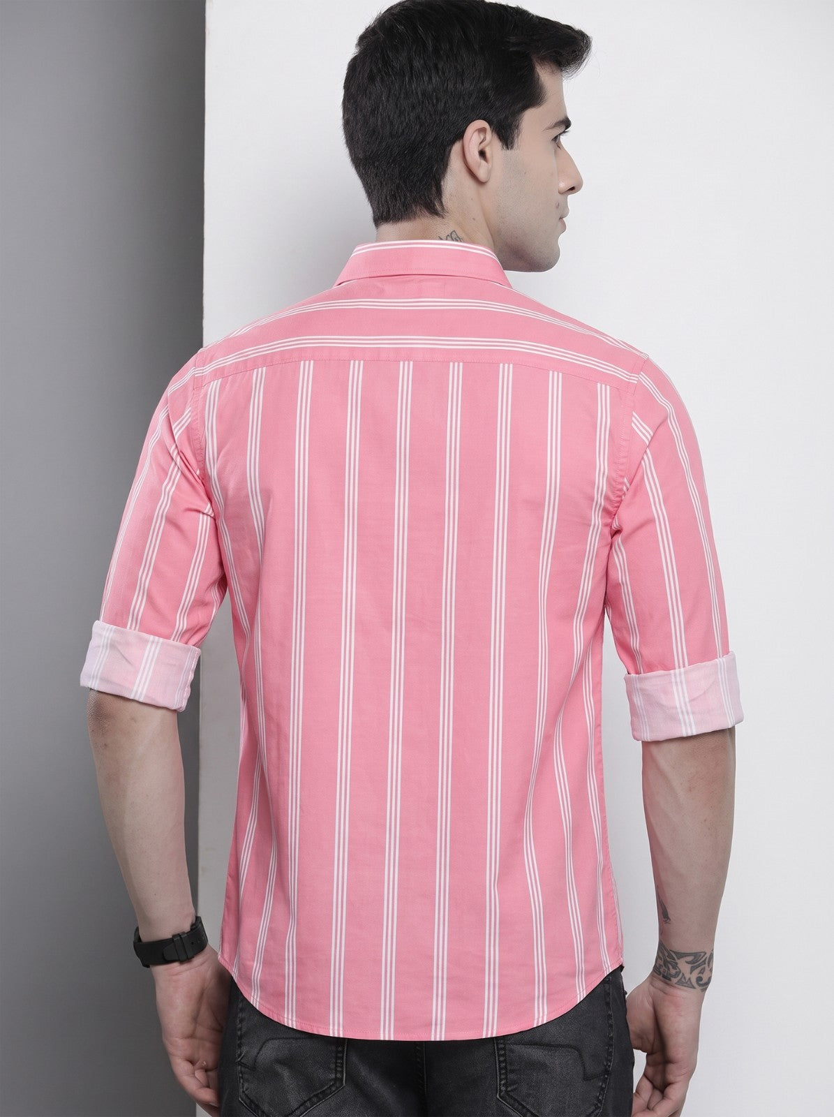 Men's Pink Vertical Striped Cotton Blend Casual Shirt