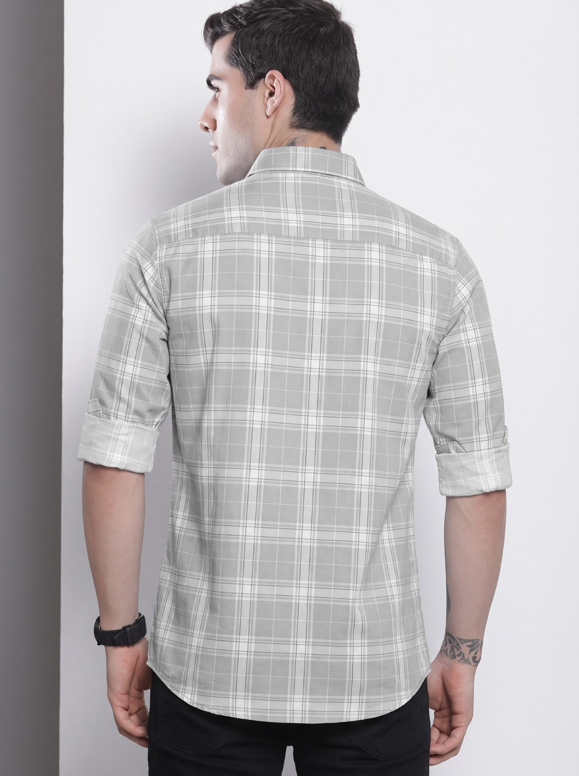 Men's Grey Classic Checkered Cotton Blend Casual Shirt