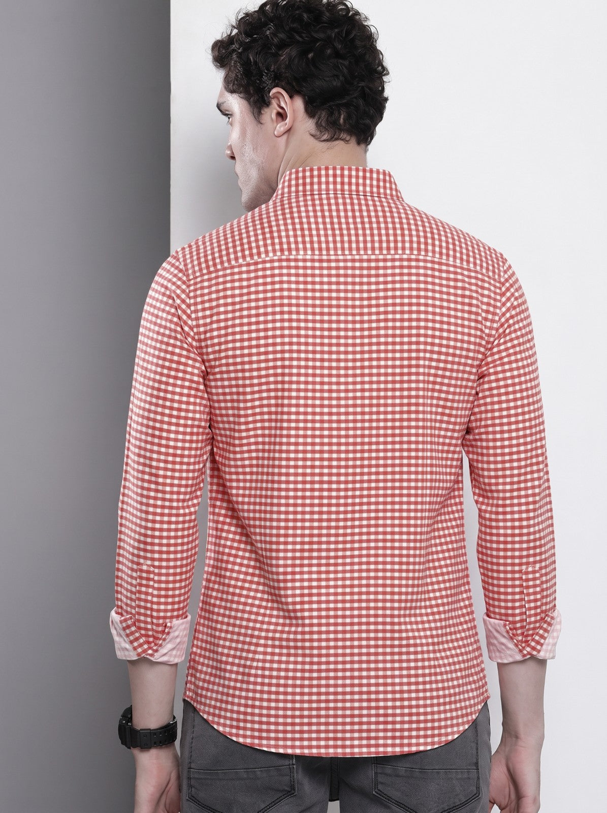 Men's Red Mini Gingham Checked Cotton Blend Casual Shirt