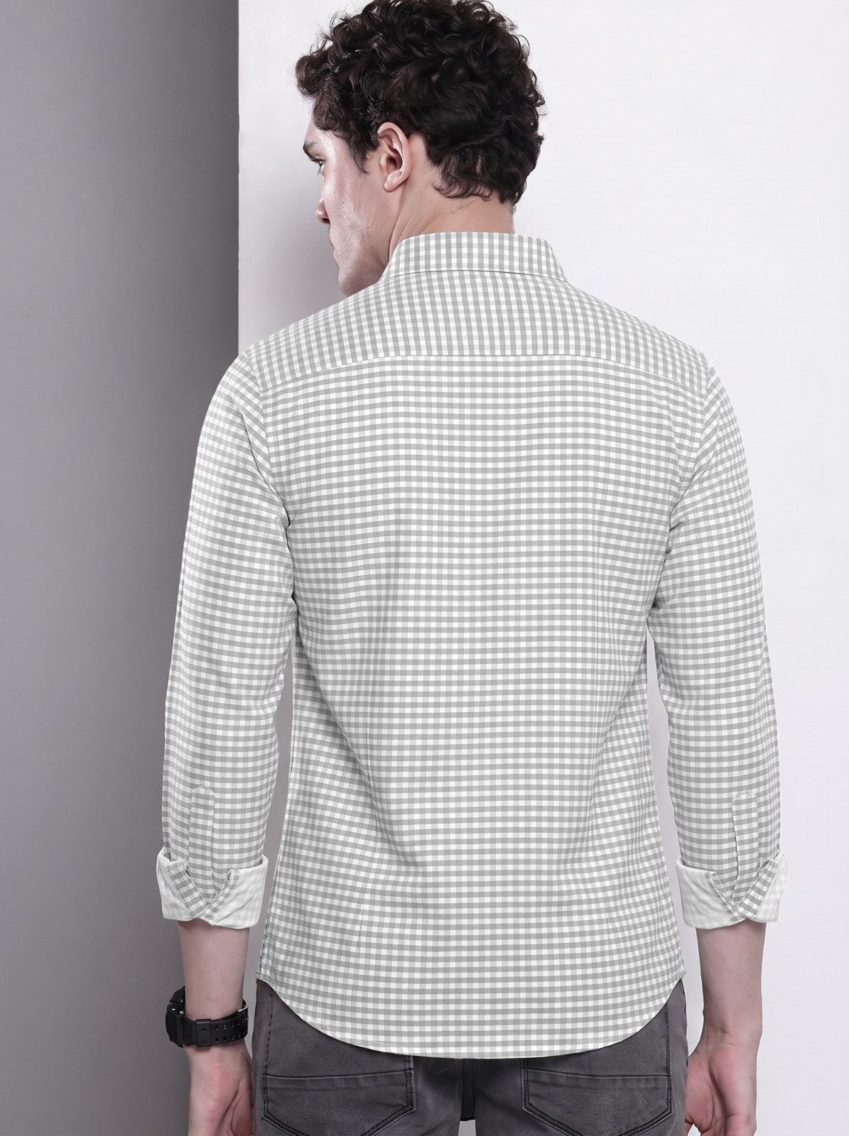 Men's Grey Mini Gingham Checked Cotton Blend Casual Shirt
