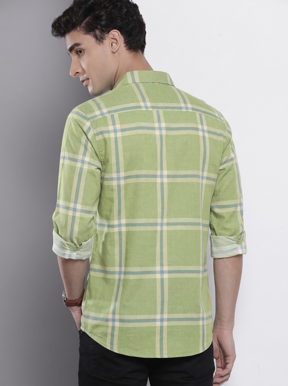 Men's Light Green Checked Cotton Blend Casual Shirt