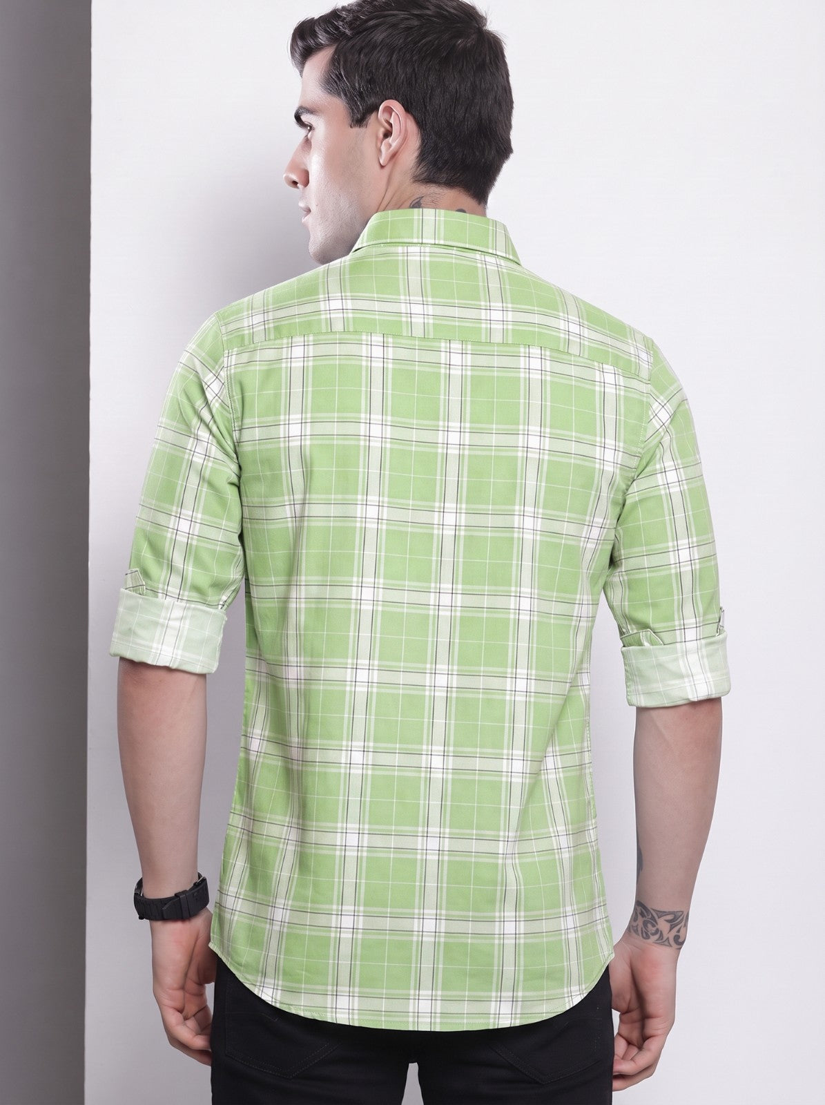 Men's Green Classic Checkered Cotton Blend Casual Shirt