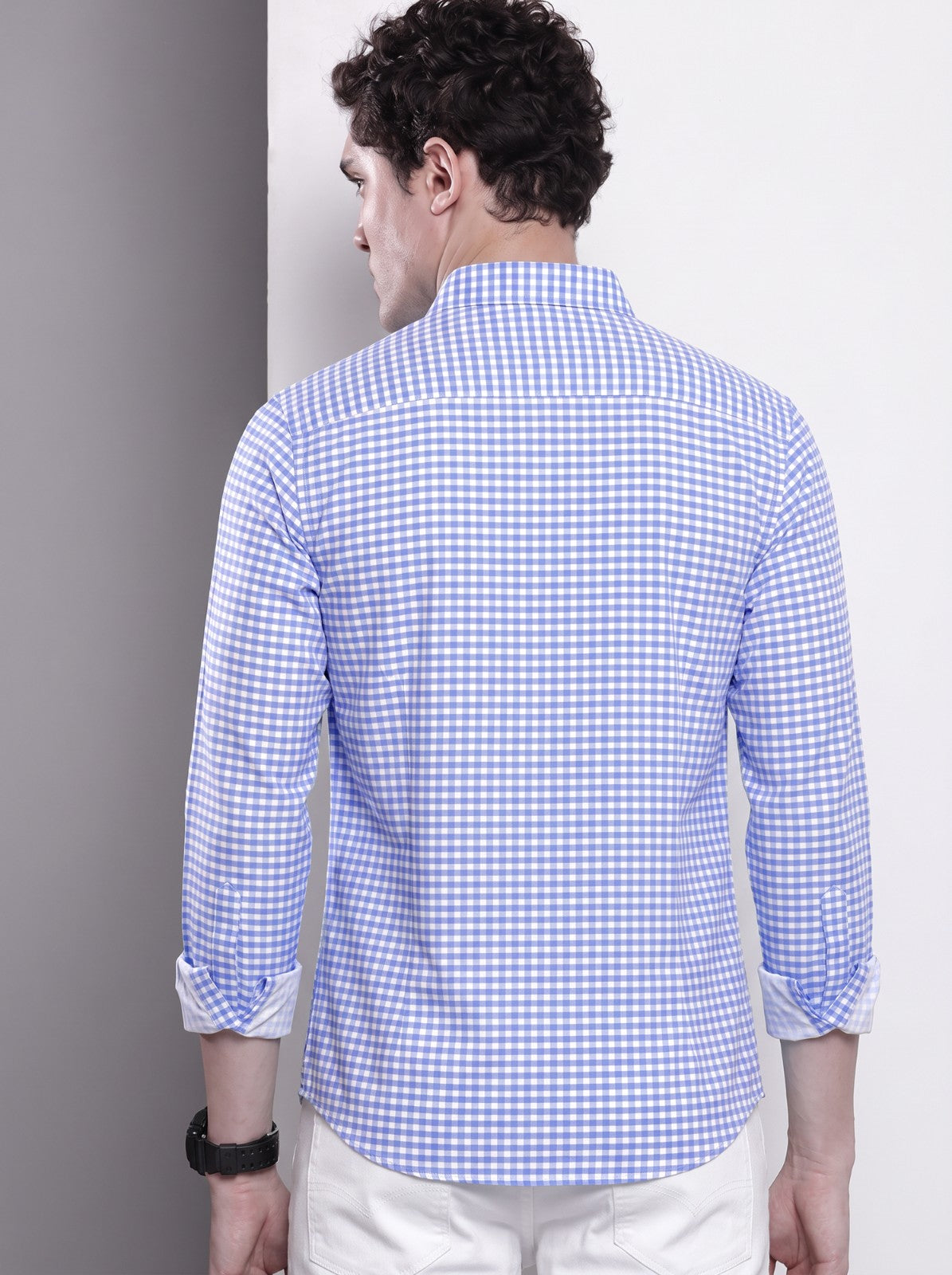 Men's Blue Mini Gingham Checked Cotton Blend Casual Shirt