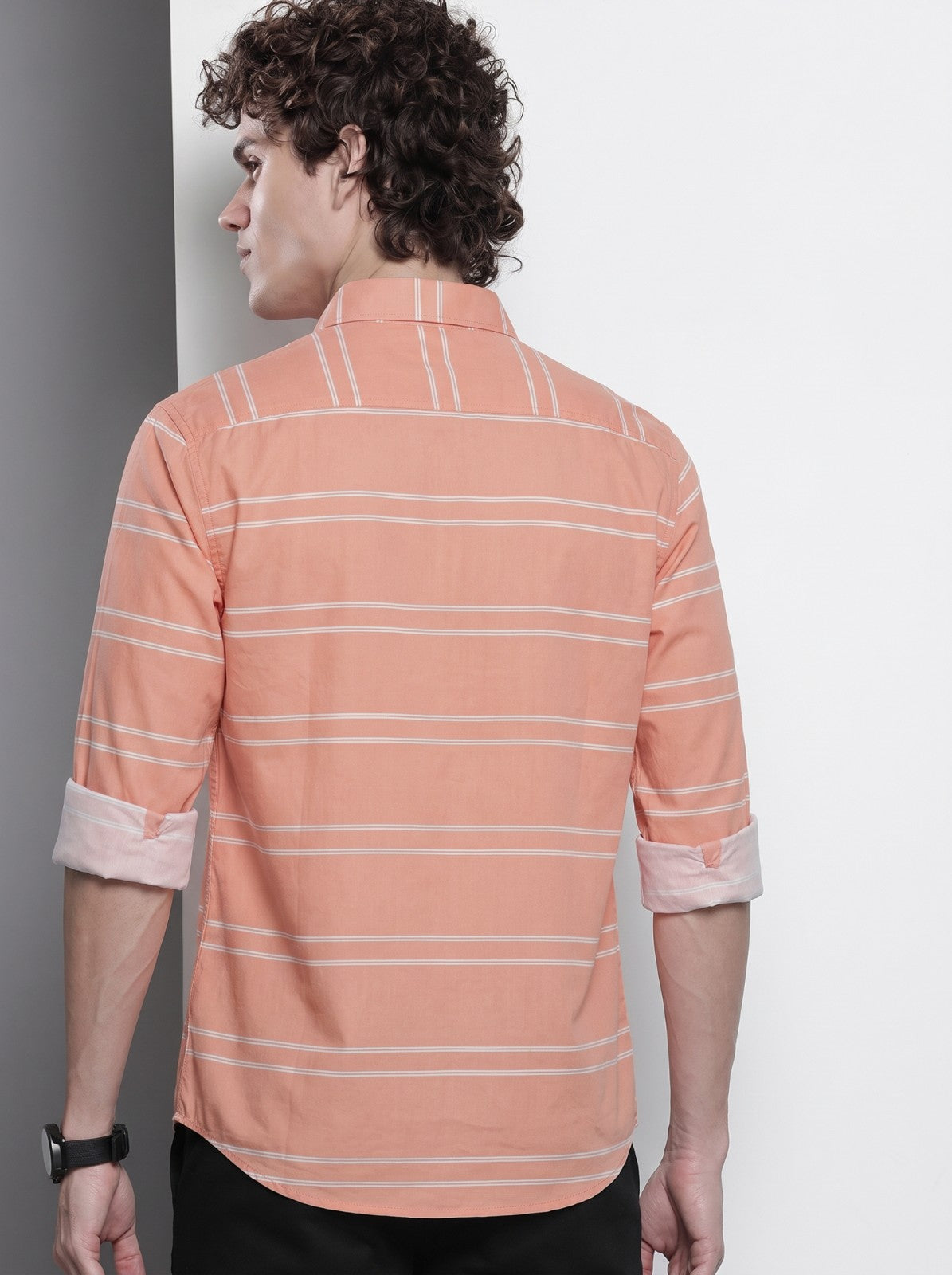 Men's Orange Horizontal Striped Cotton Blend Casual Shirt