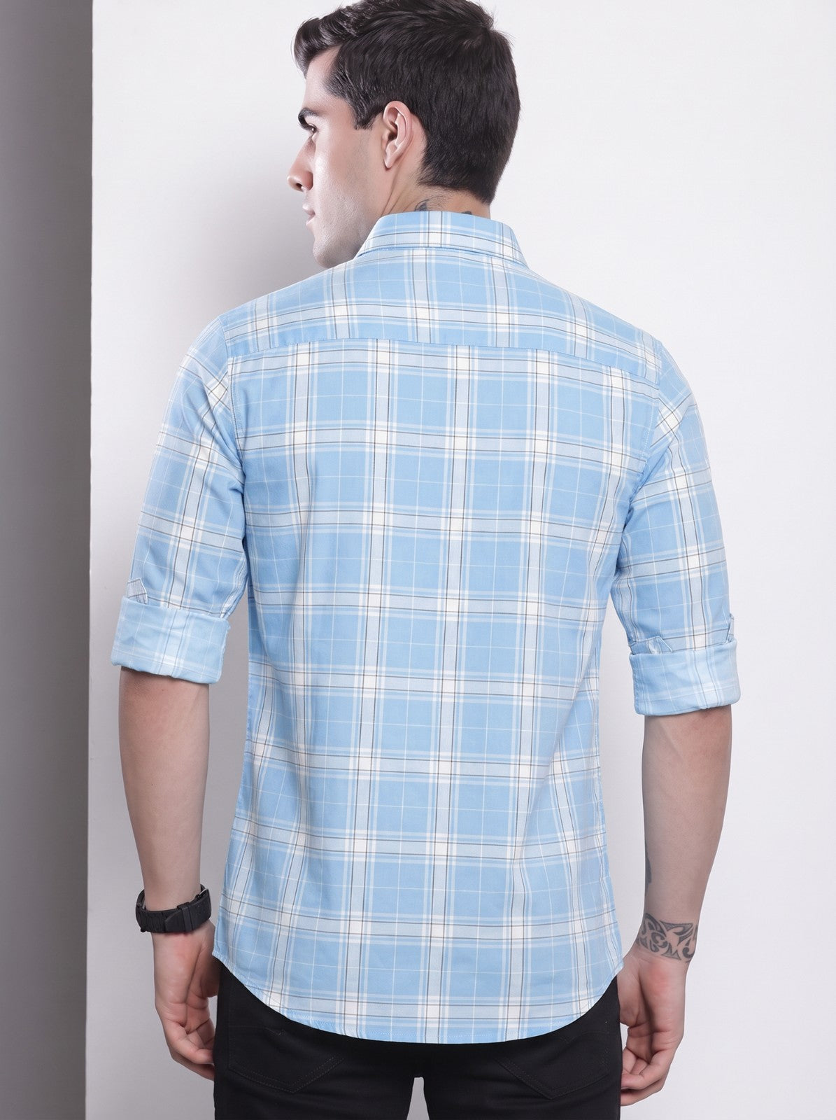 Men's Sky Blue Classic Checkered Cotton Blend Casual Shirt