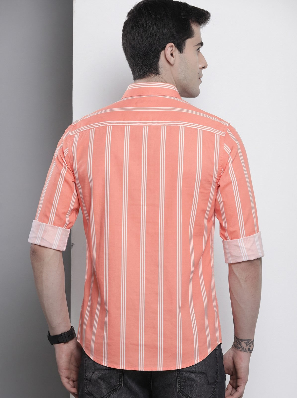 Men's Orange Vertical Striped Cotton Blend Casual Shirt