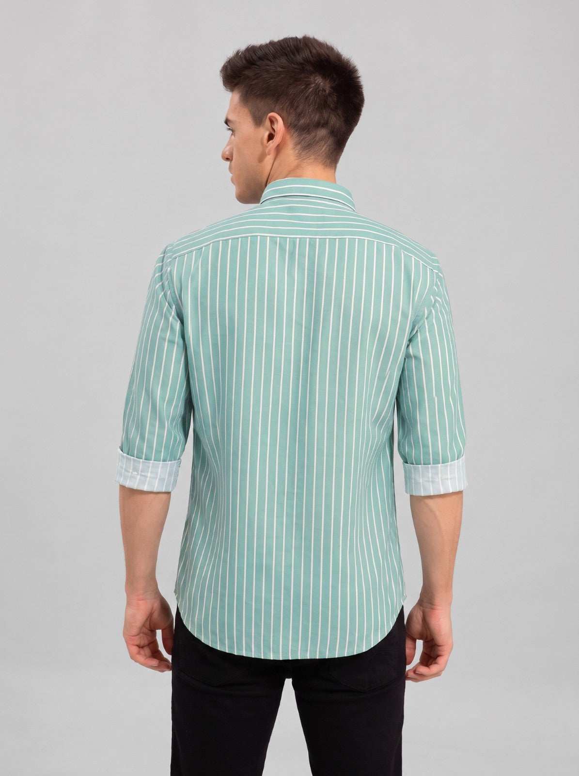 Men's Green Classic Pinstripe Cotton Blend Casual Shirt