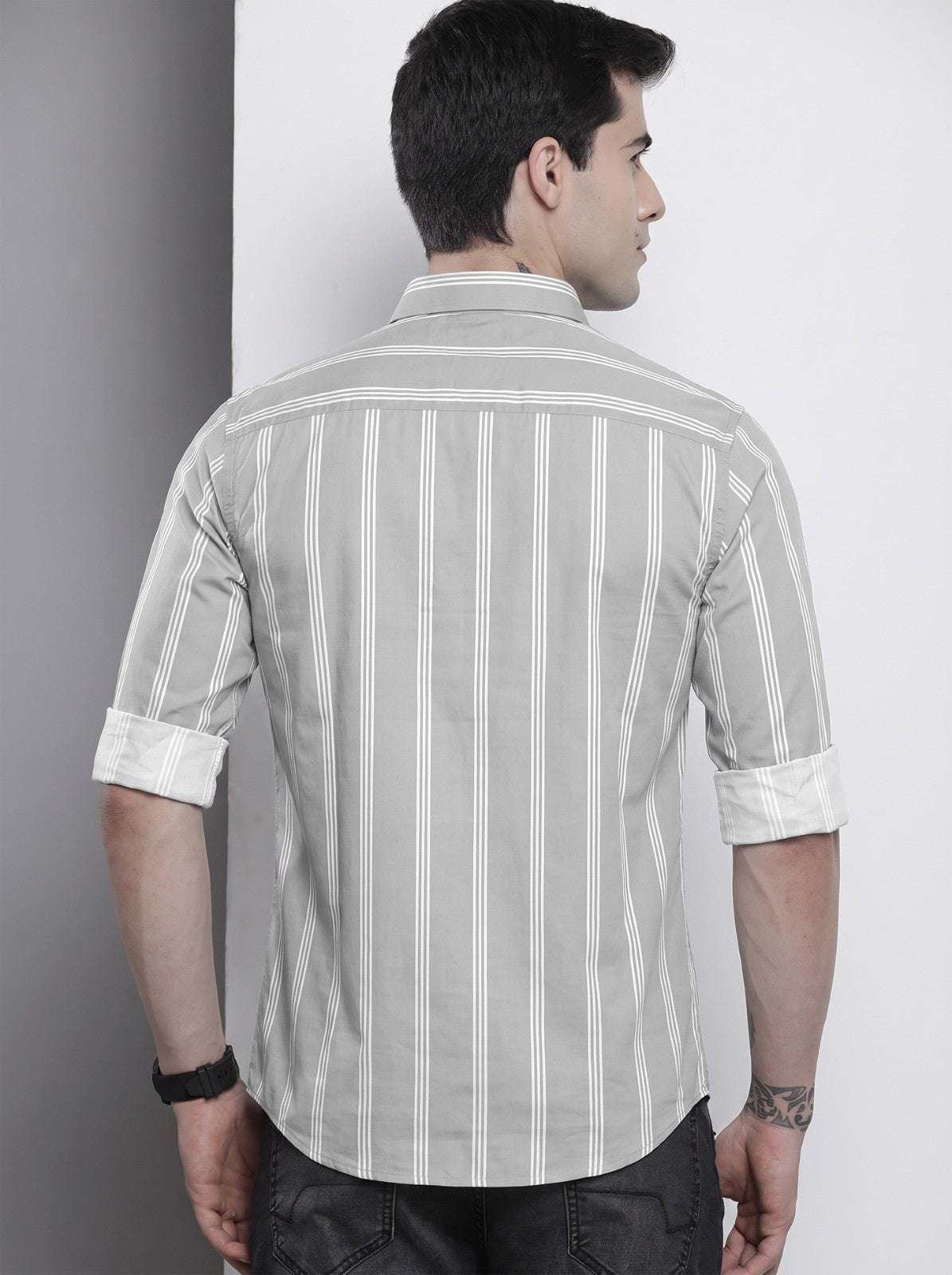 Men's Grey Vertical Striped Cotton Blend Casual Shirt