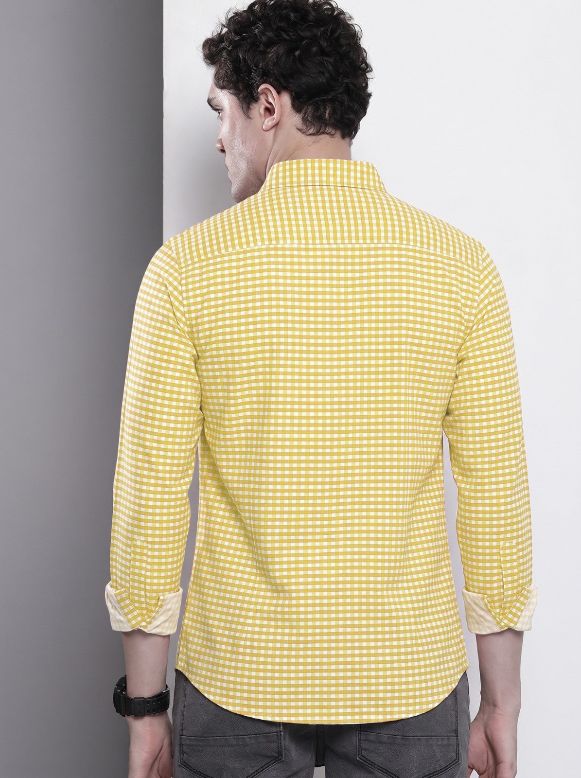 Men's Yellow Mini Gingham Checked Cotton Blend Casual Shirt