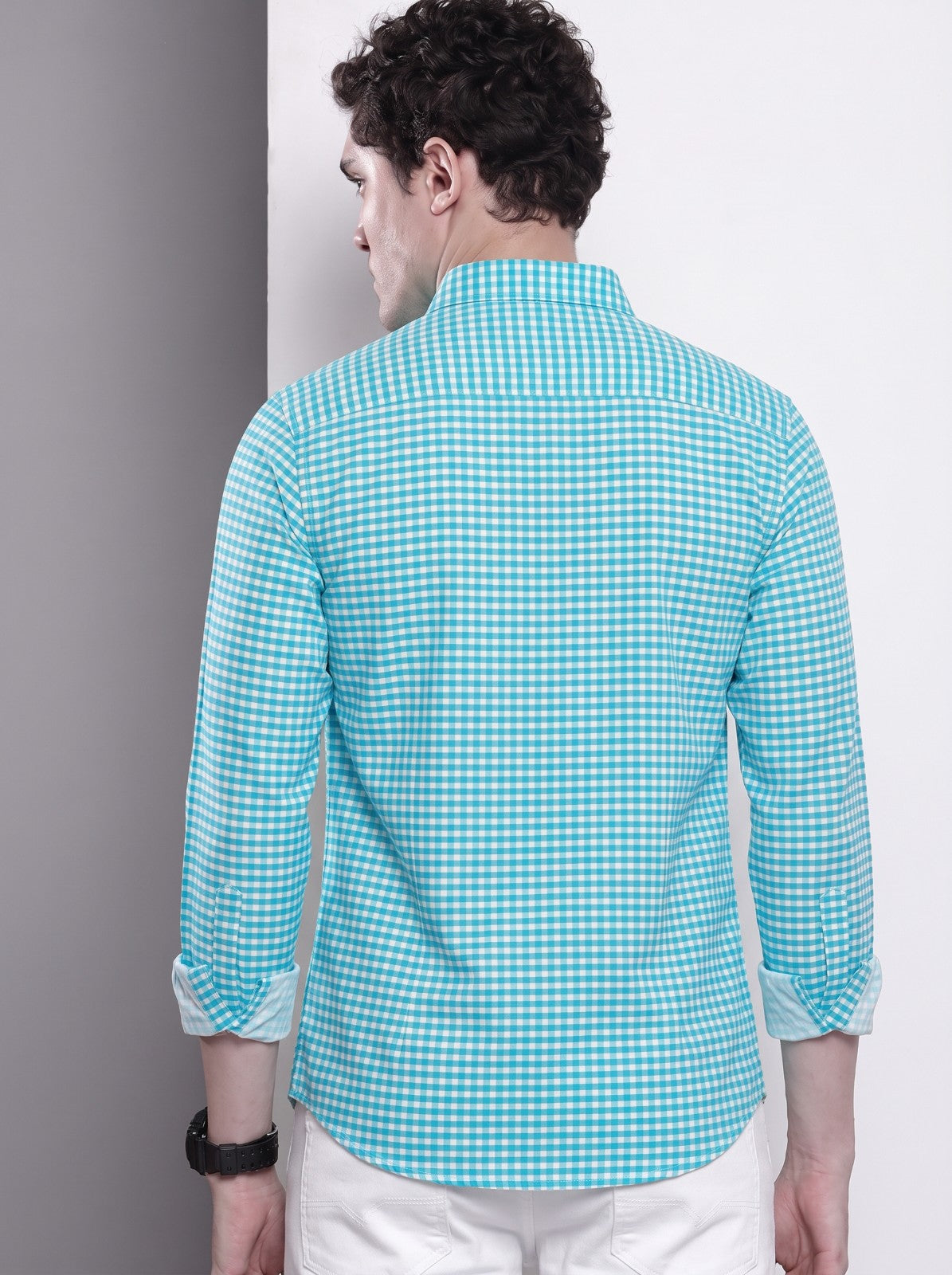 Men's Aqua Mini Gingham Checked Cotton Blend Casual Shirt