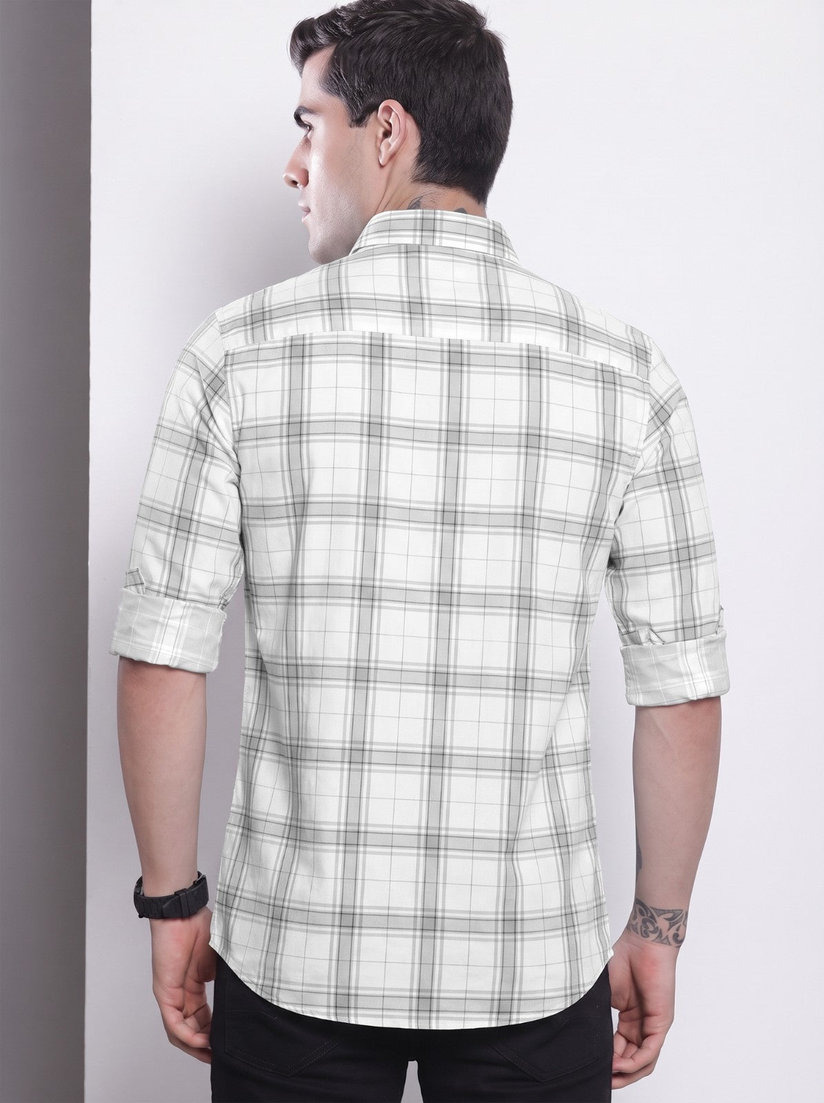 Men's White Classic Checkered Cotton Blend Casual Shirt