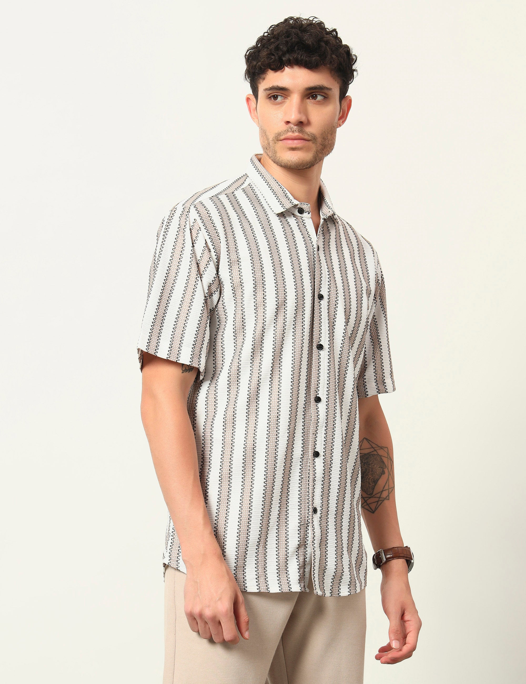 Fresh Flow Polyester Blend Beige Striped Shirt