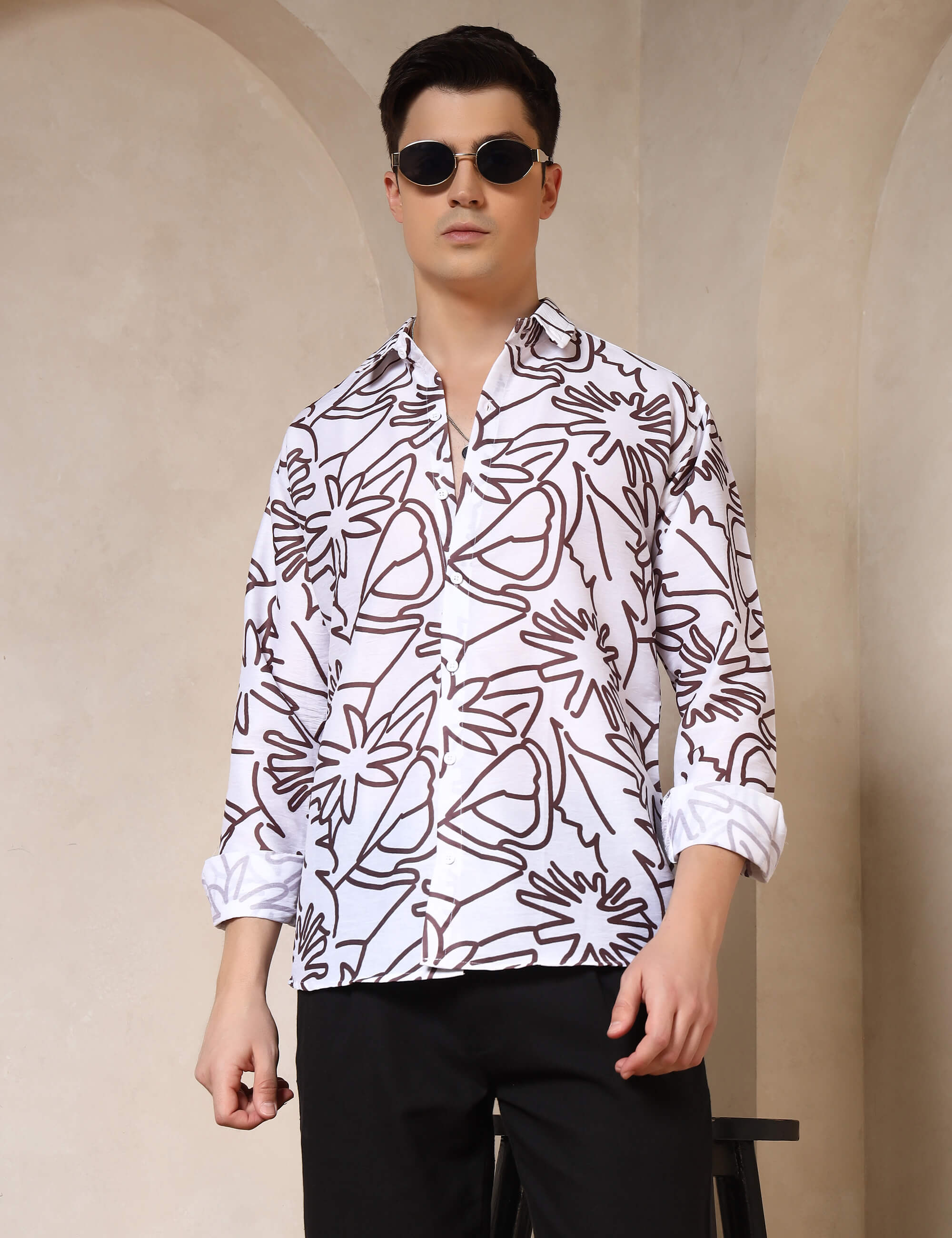 Minimal Floral Line Art Cotton Blend Casual Shirt