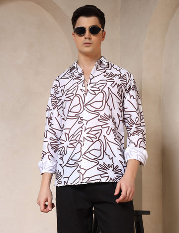 Minimal Floral Line Art Cotton Blend Casual Shirt
