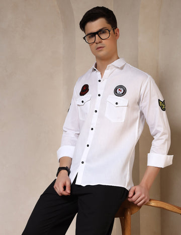 Urban Style Embroidery Patch White Cotton Blend Shirt