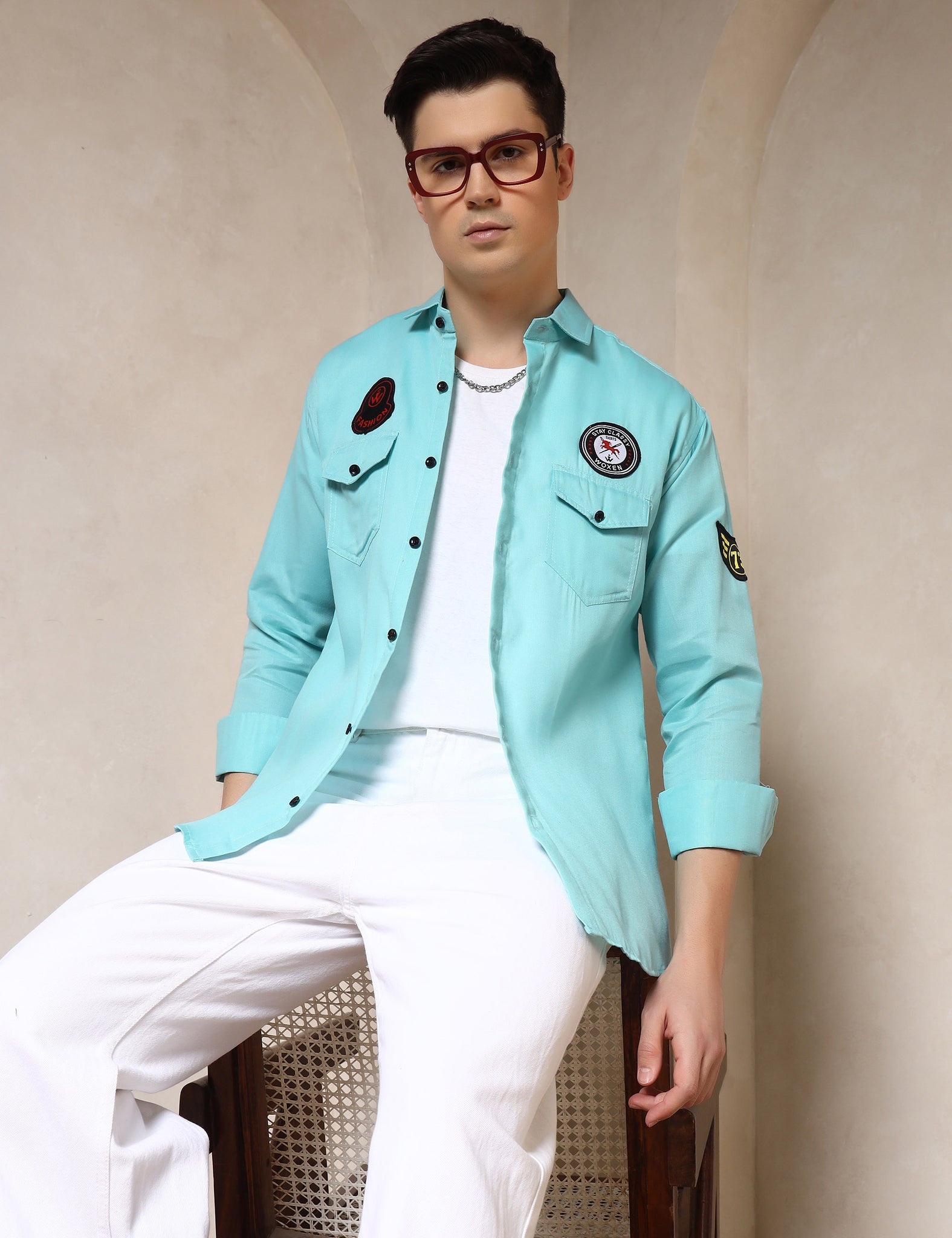 Urban Style Embroidery Patch Sea Green Cotton Blend Shirt