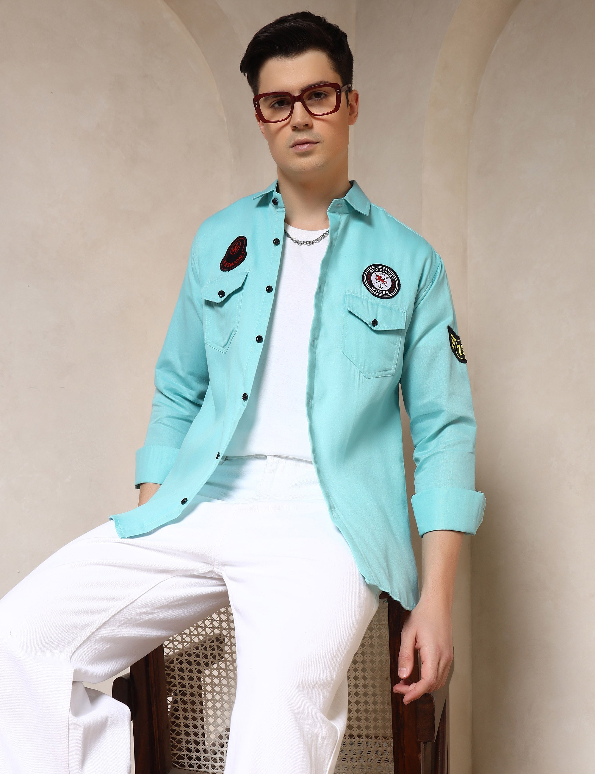 Urban Style Embroidery Patch Sea Green Cotton Blend Shirt