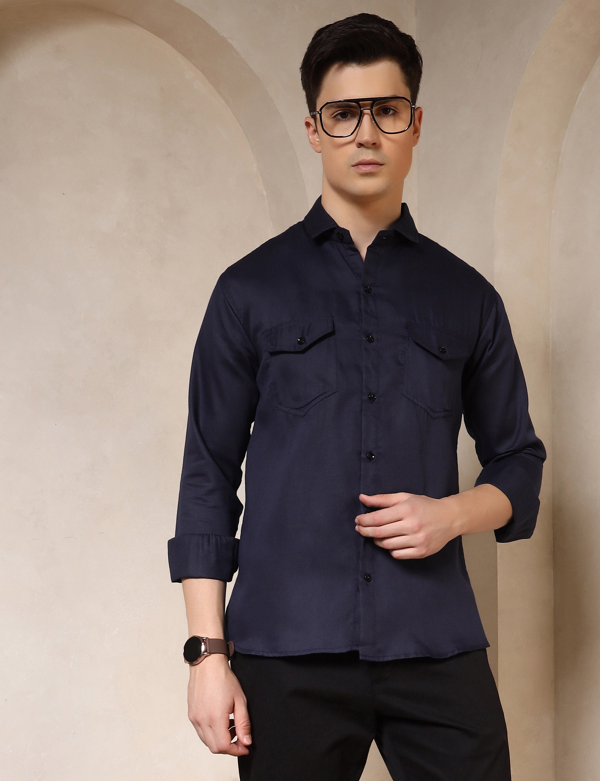 Classic Navy Blue Dual Pocket Cotton Blend Shirt