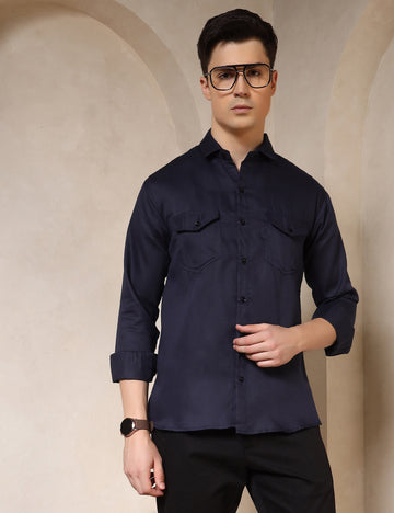 Classic Navy Blue Dual Pocket Cotton Blend Shirt