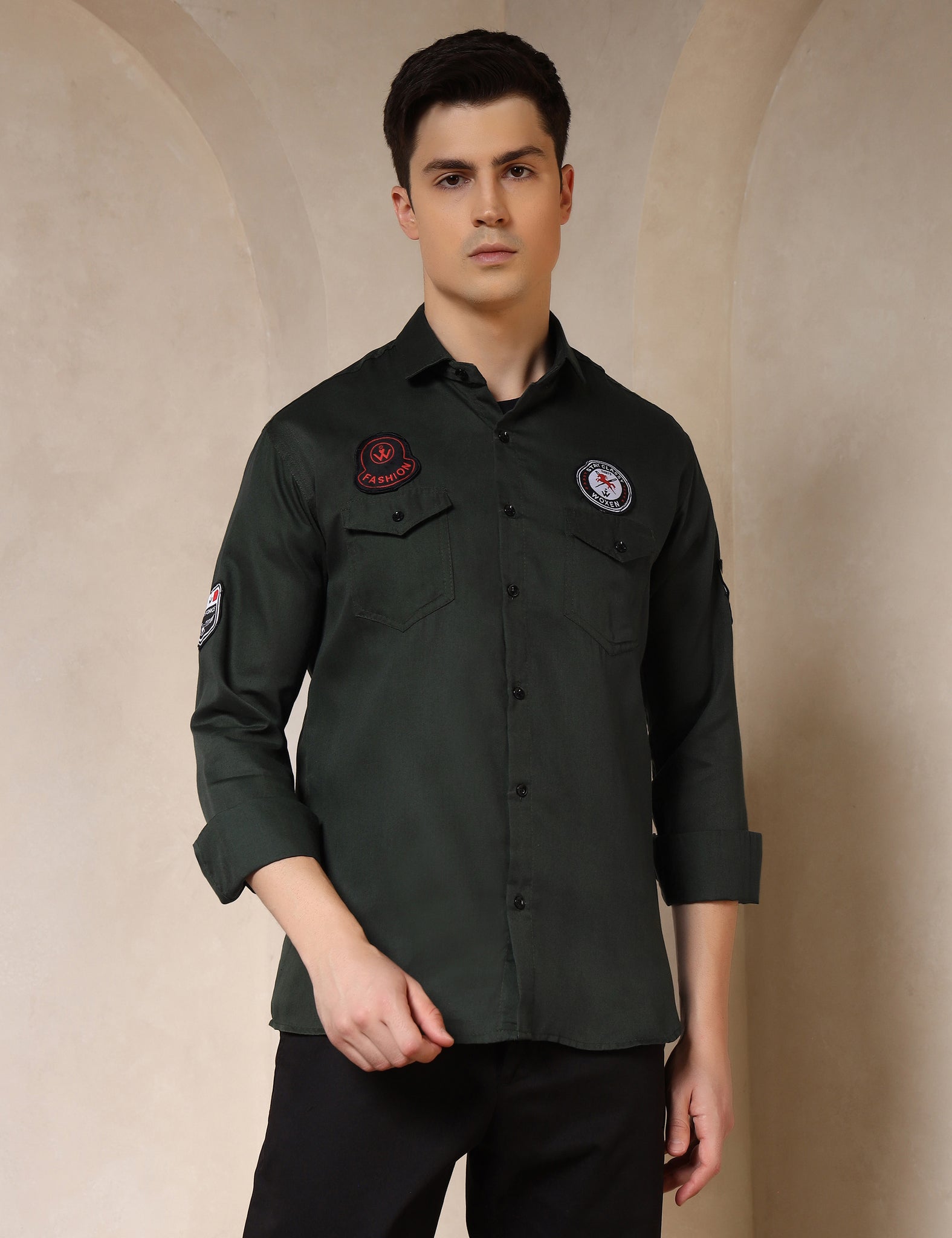 Urban Style Embroidery Patch Olive Green Cotton Blend Shirt